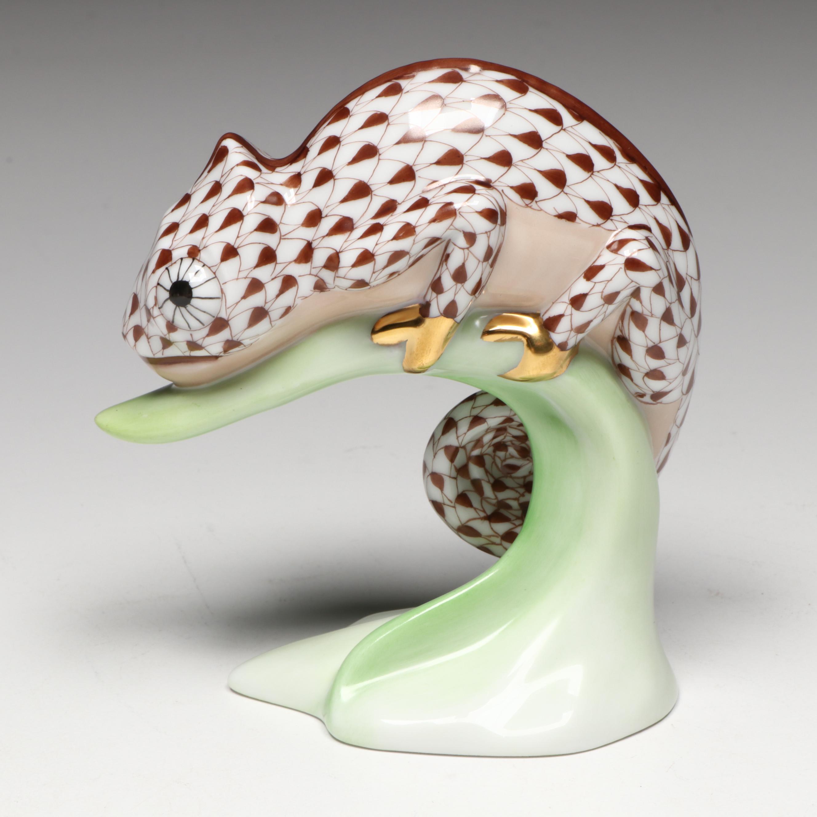 Herend Chocolate Fishnet with Gold "Chameleon" Porcelain Figurine