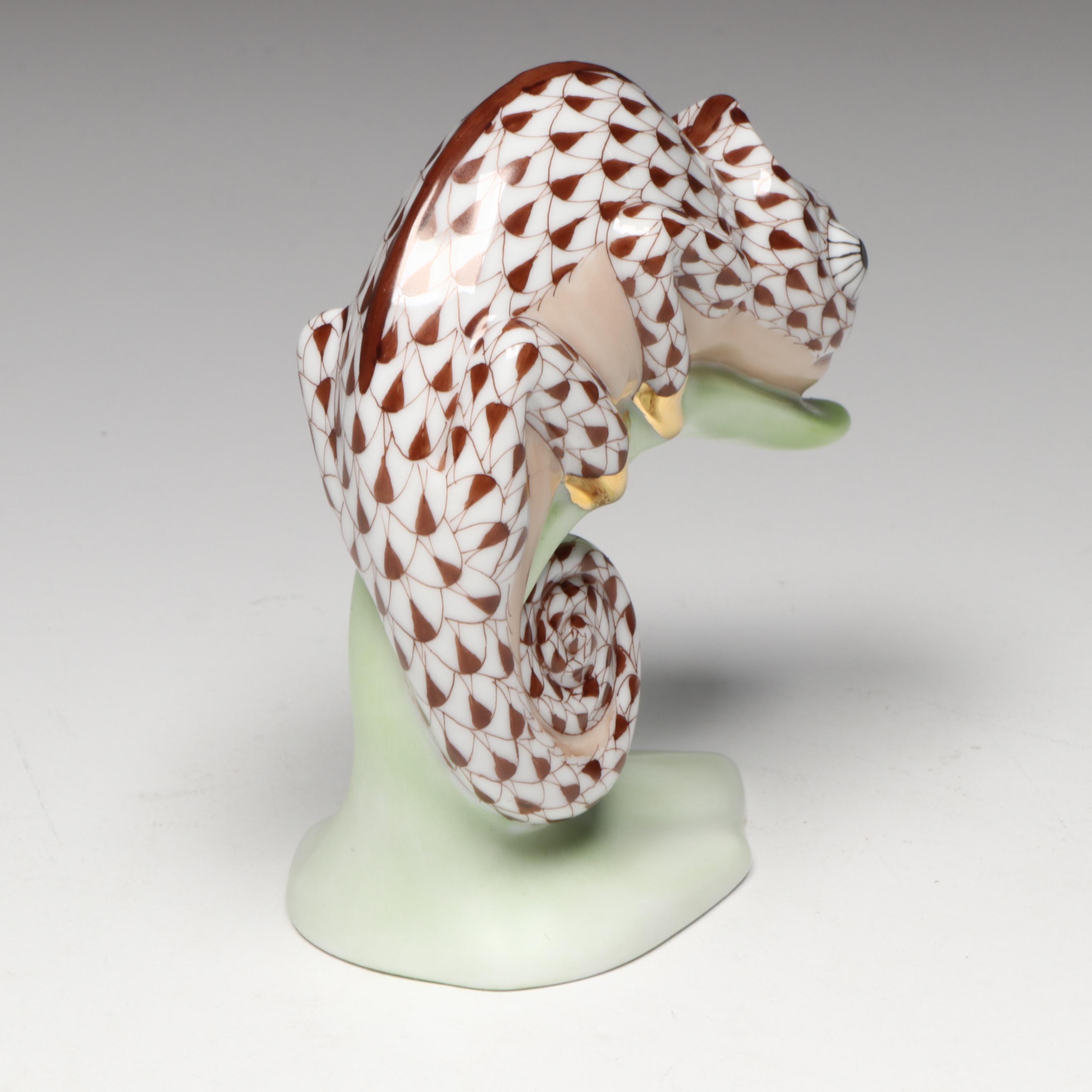Herend Chocolate Fishnet with Gold "Chameleon" Porcelain Figurine