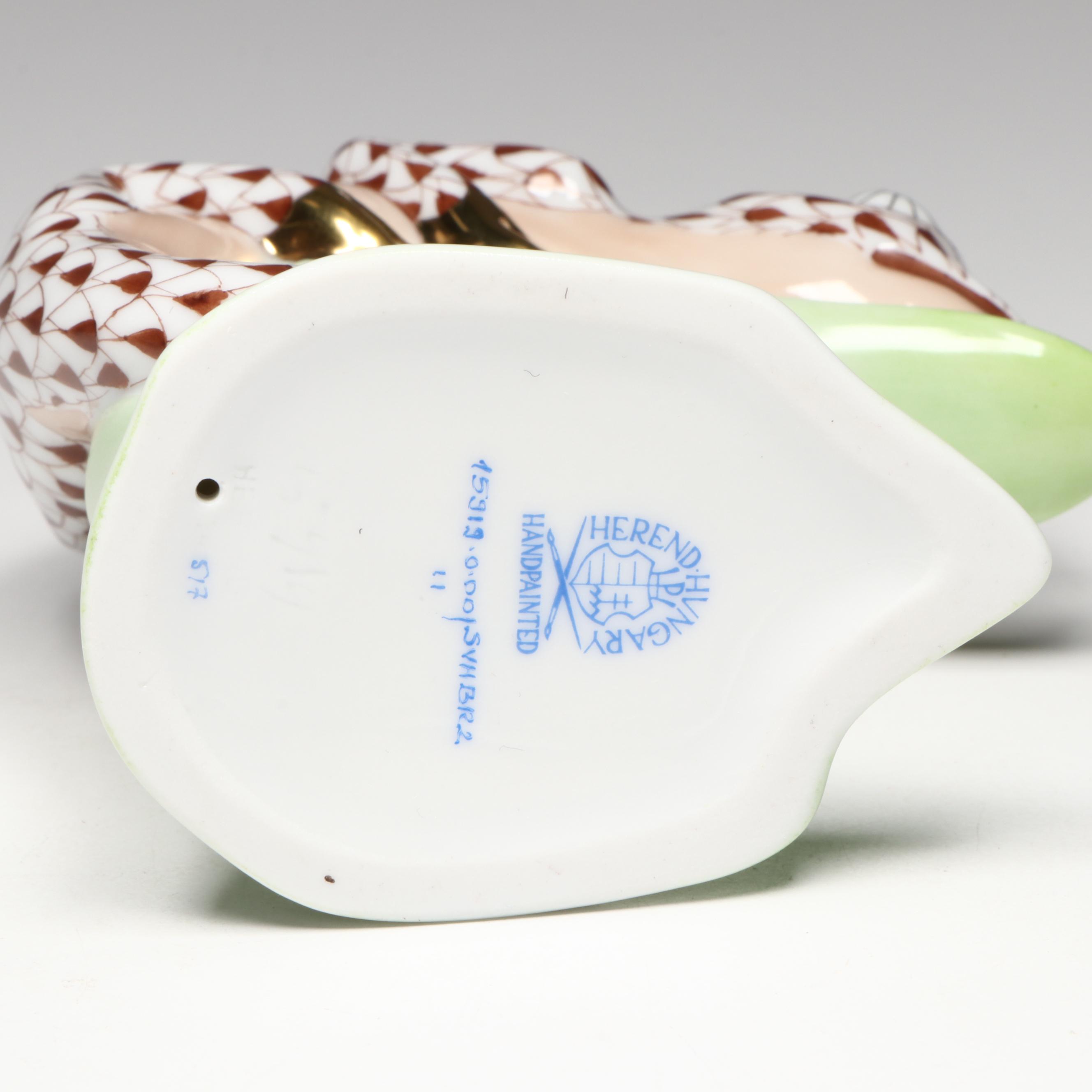 Herend Chocolate Fishnet with Gold "Chameleon" Porcelain Figurine