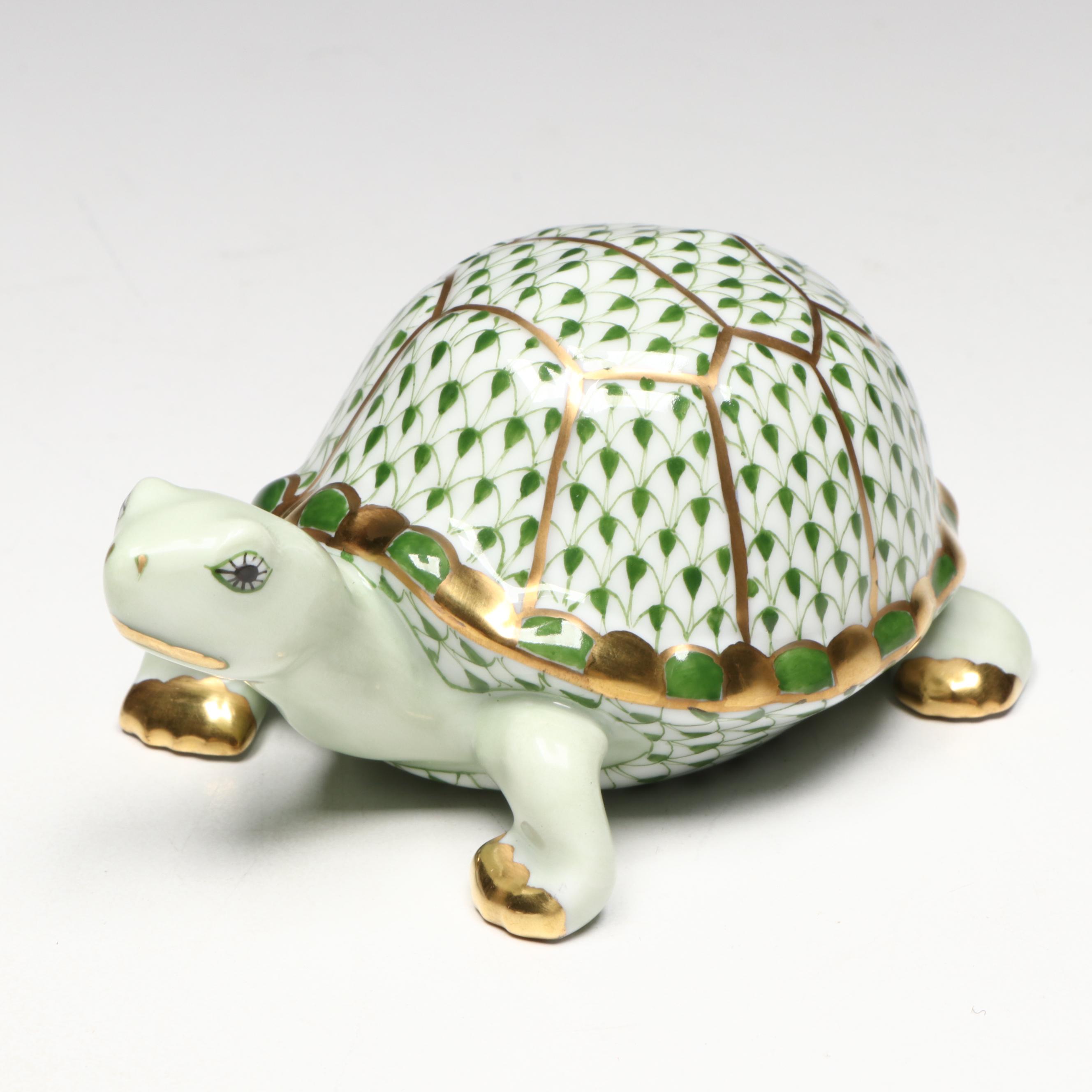Herend Forest Green Fishnet with Gold "Box Turtle" Porcelain Figurine