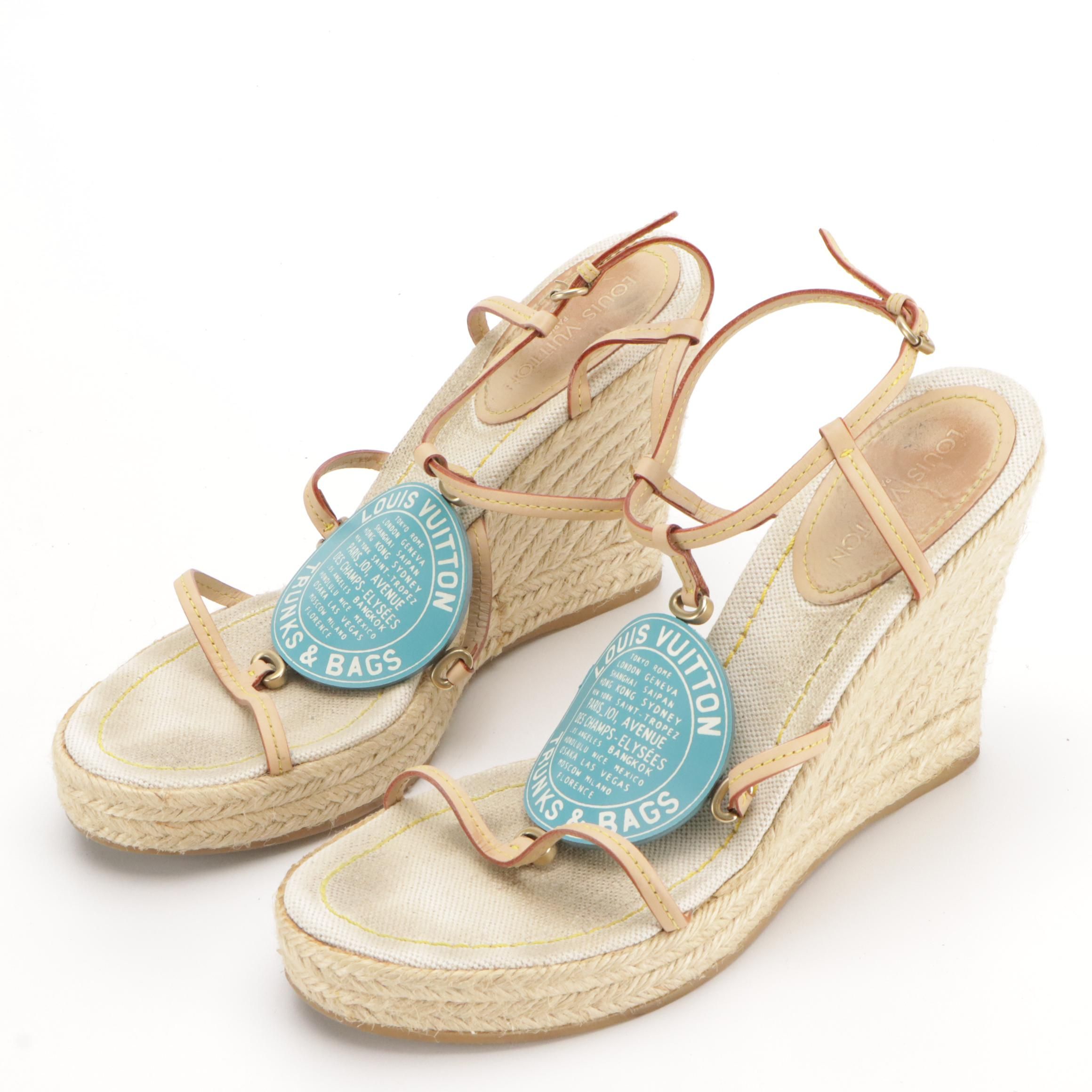 Louis Vuitton Trunks & Bags Strappy Espadrilles Wedges in Leather, With Box