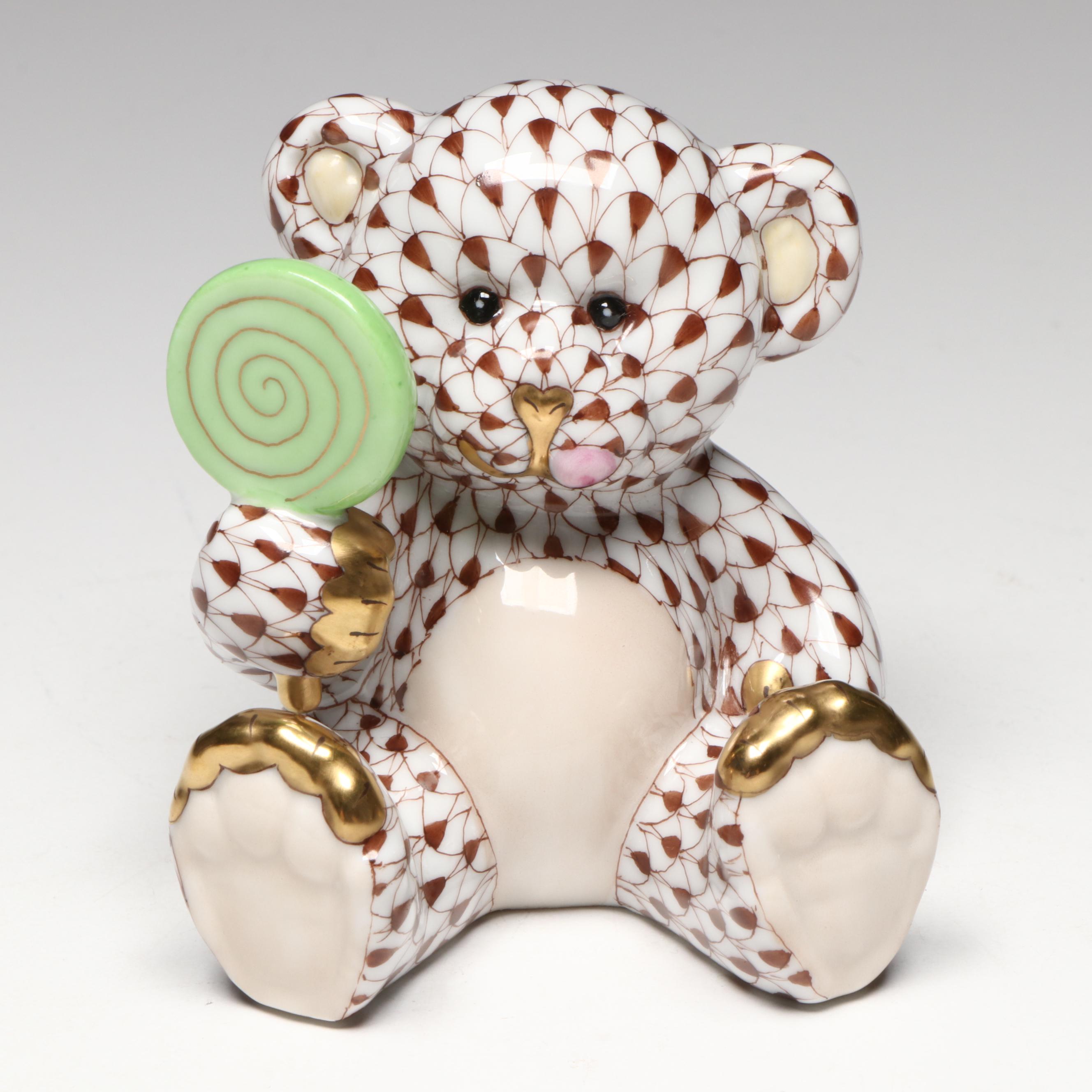 Herend Chocolate Fishnet with Gold "Sweet Tooth Teddy" Porcelain Figurine