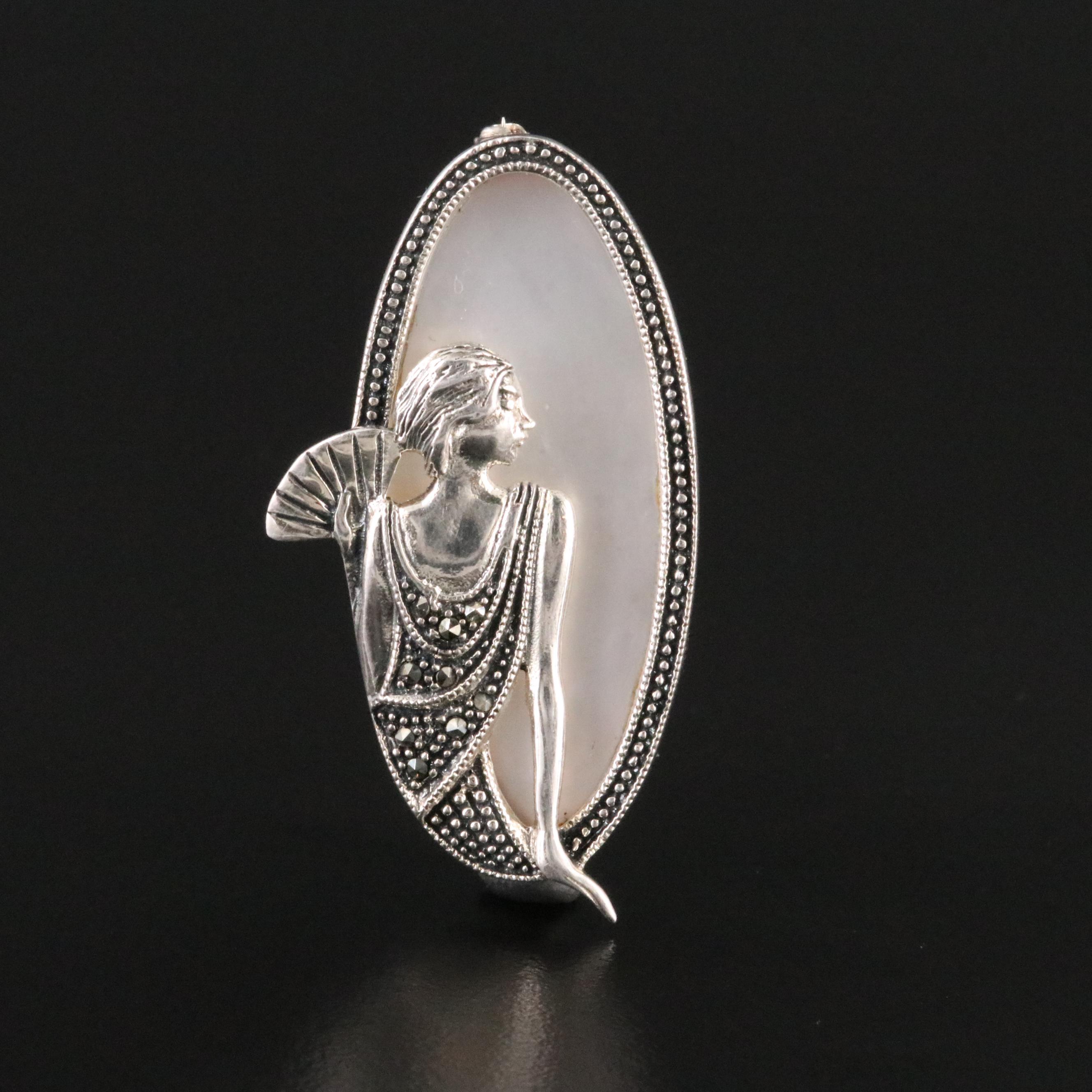 Sterling Mother-of-Pearl and Marcasite Brooch