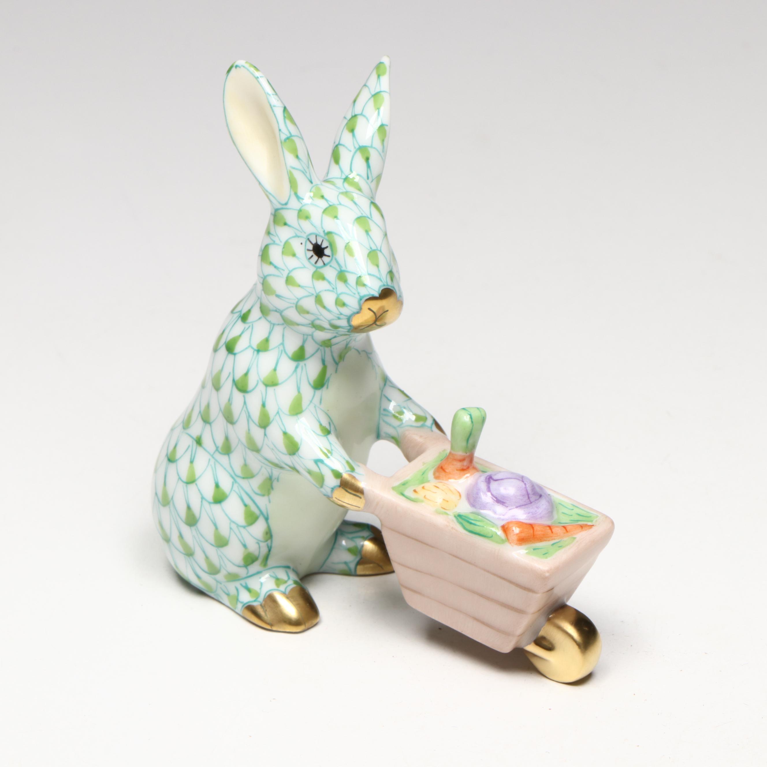 Herend Key Lime Fishnet with Gold "Wheelbarrow Bunny" Porcelain Figurine