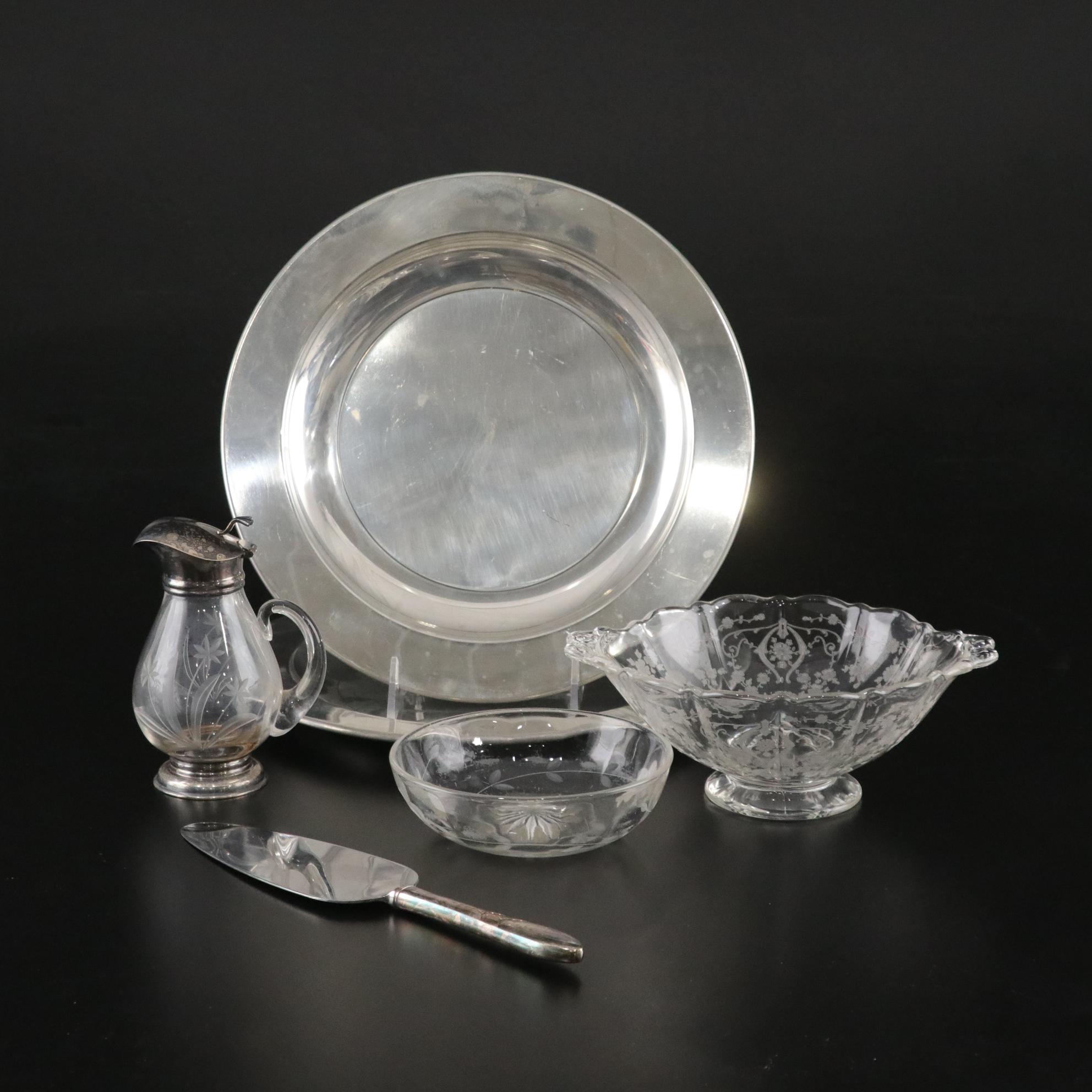 Steiff Pewter Plates with Glass Bowls, Syrup Pitcher, and Cake Server