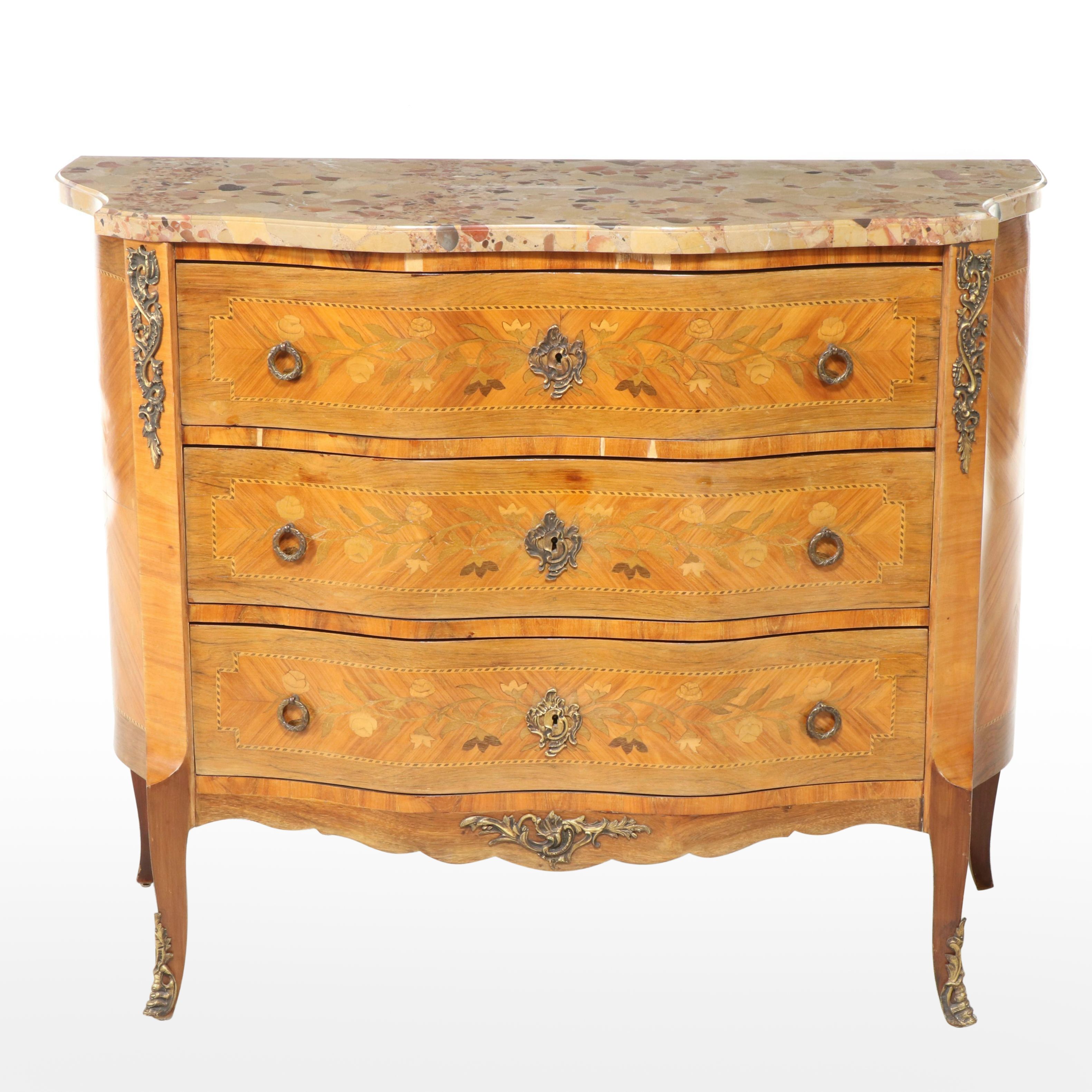 Louis XV Style Gilt Metal-Mounted Kingwood, Walnut, and Marquetry Bombé Commode