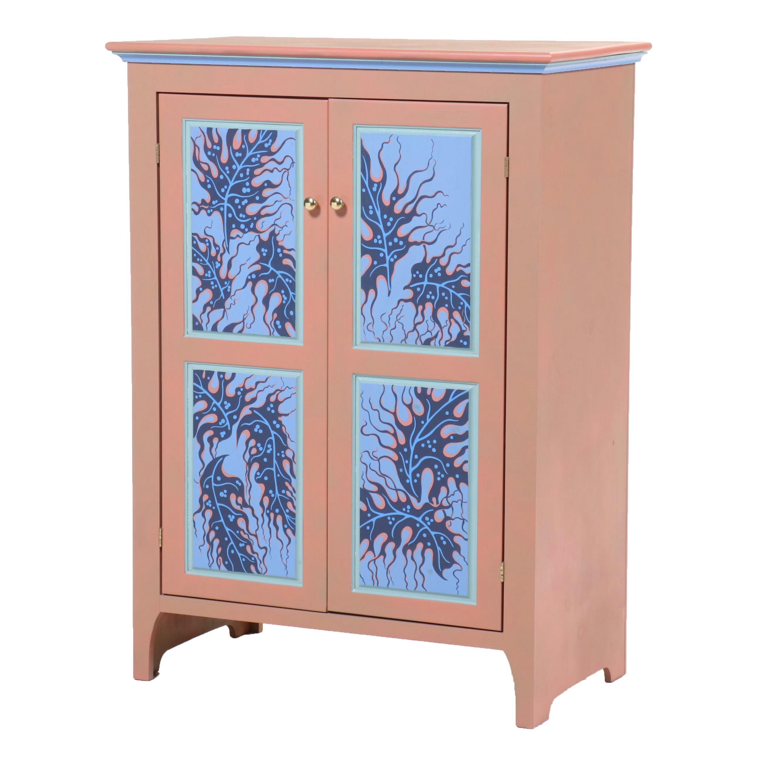 Hand-Painted Blue and Peach Wood Cabinet, 1999–2000