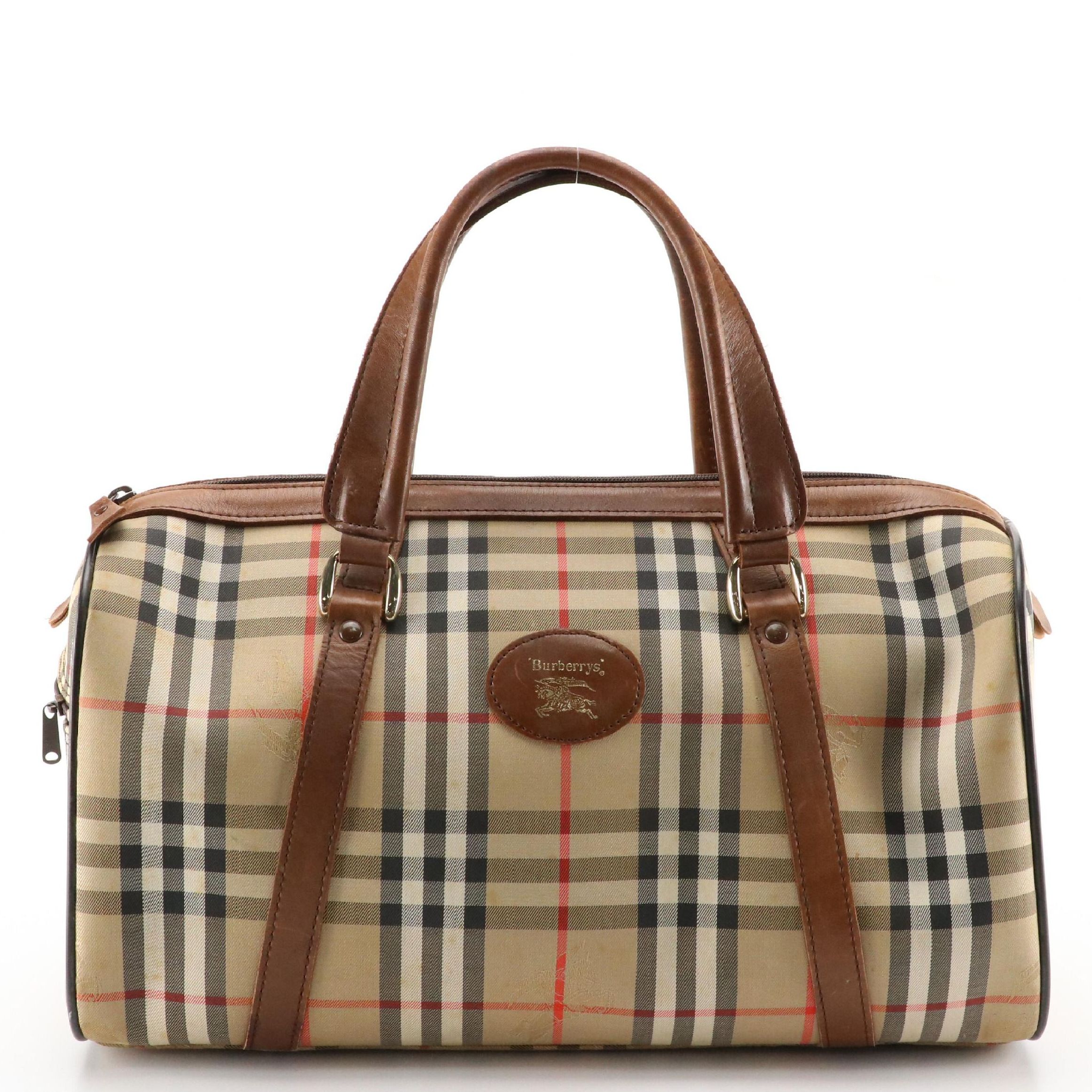 Burberrys Haymarket Check Canvas and Brown Leather Boston Bag