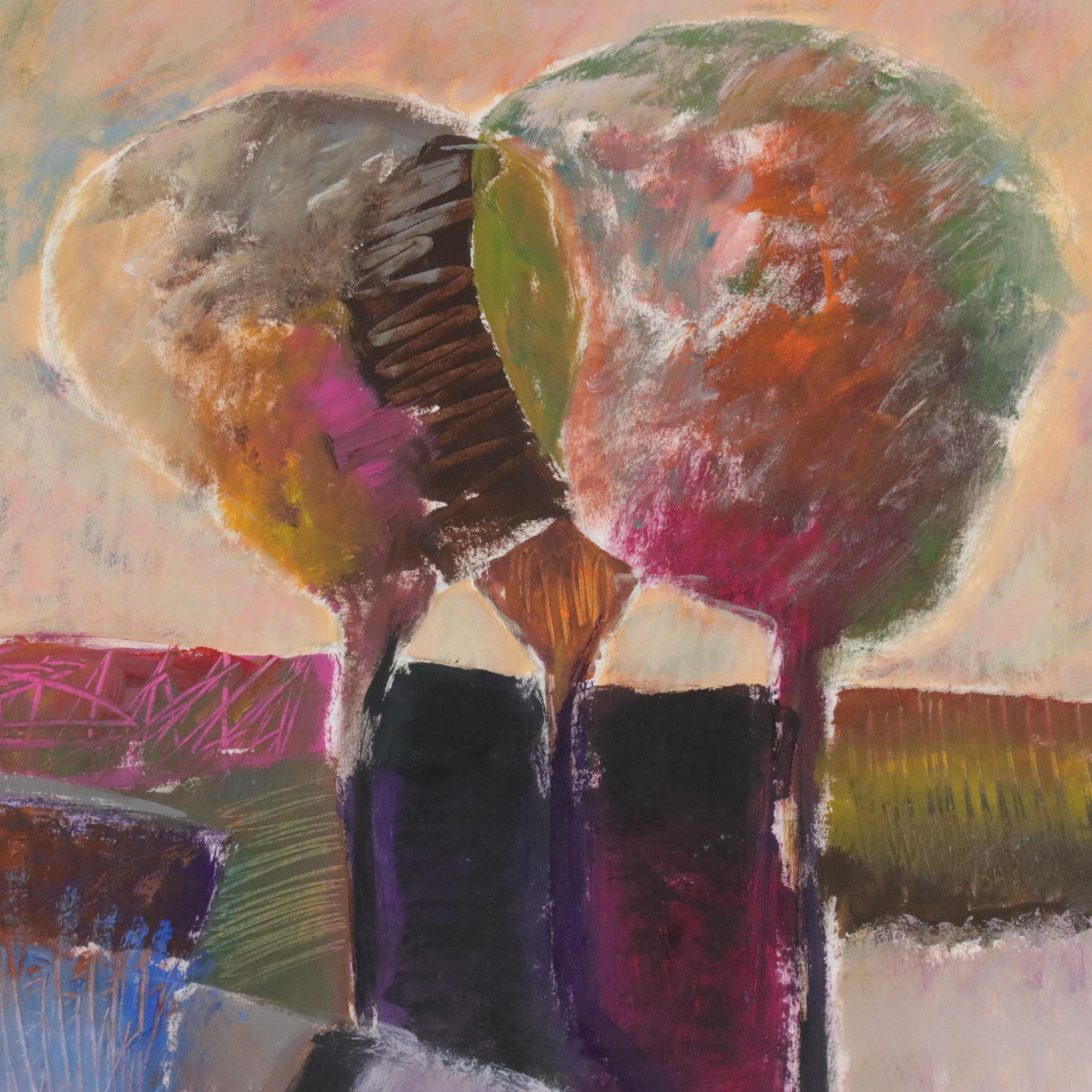 Downe Burns Stylized Landscape Acrylic Painting, Circa 2000