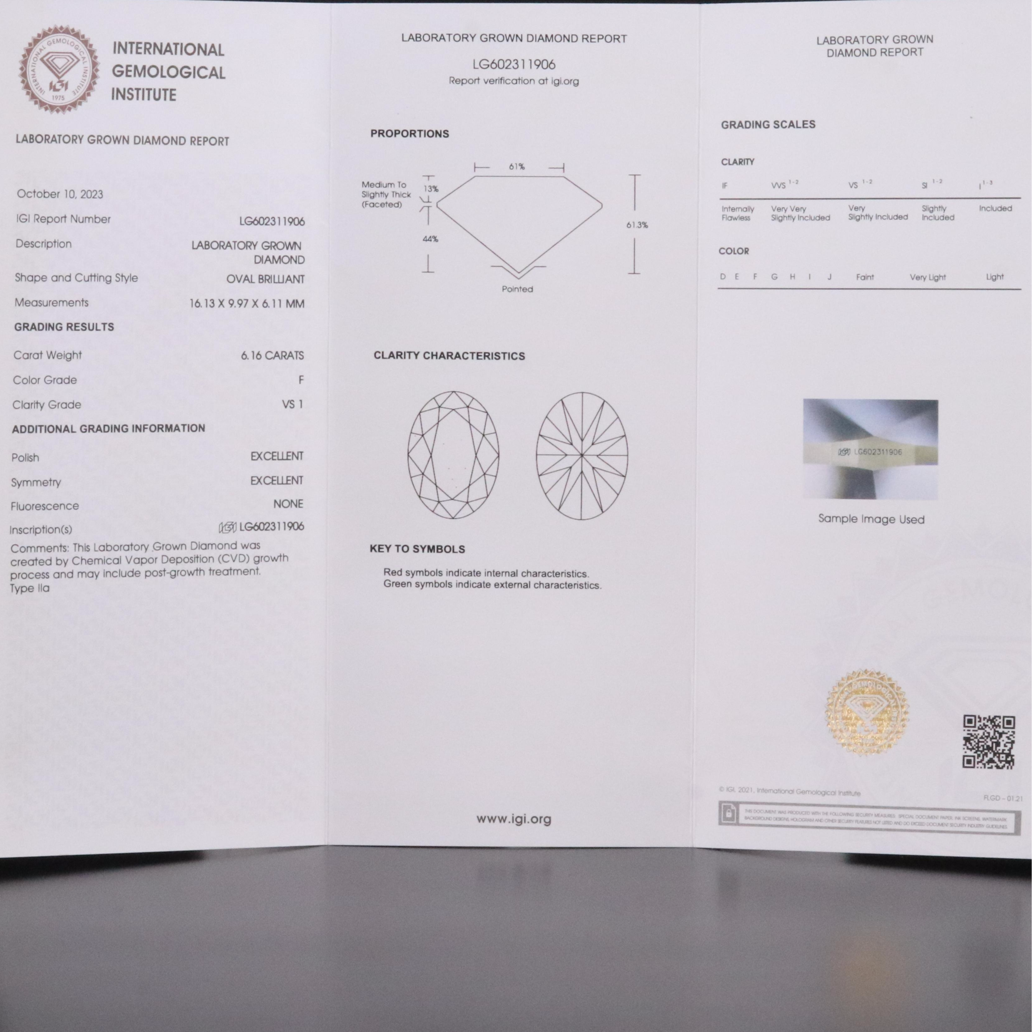 Platinum 7.19 CTW Lab Grown Diamond Ring with IGI Report