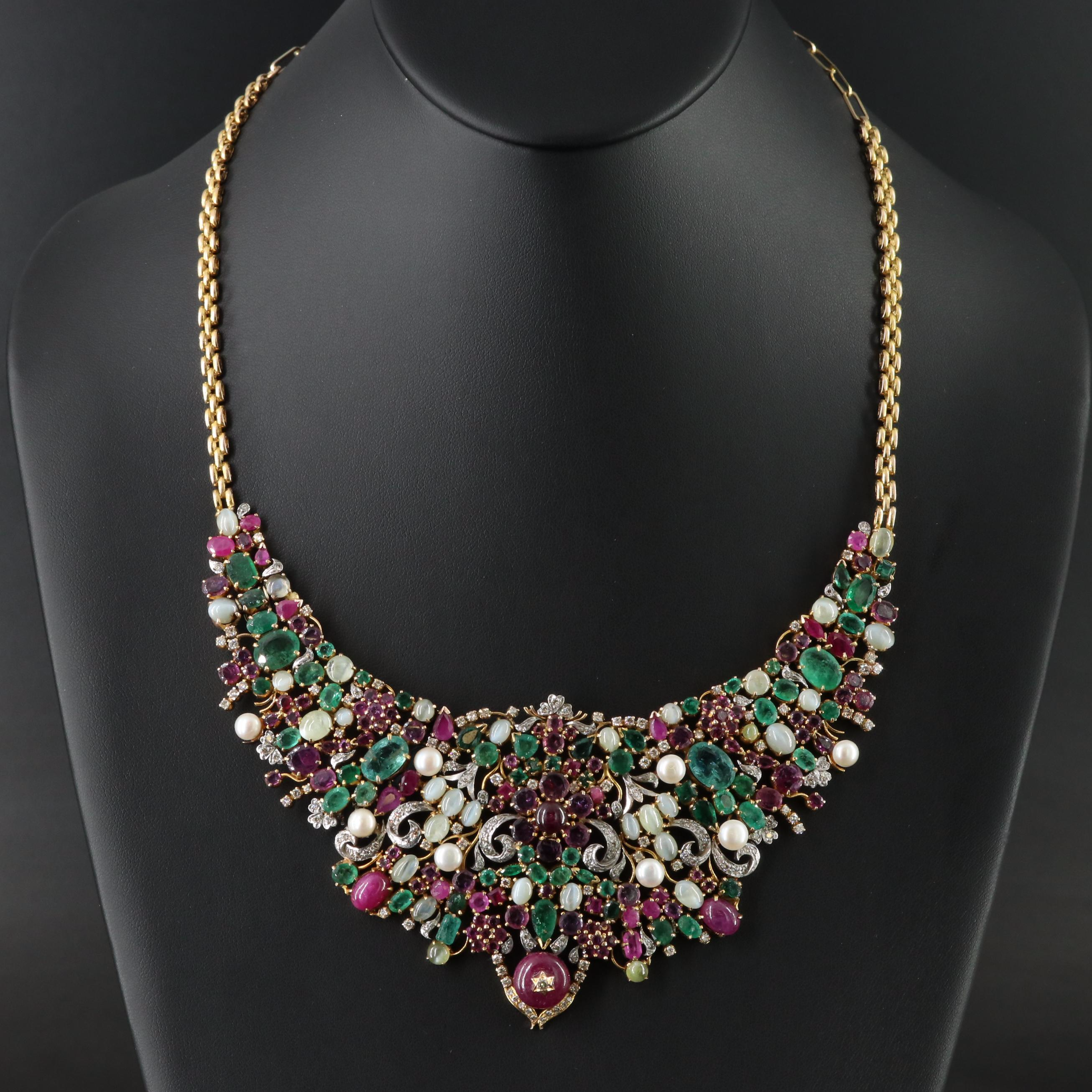 14K and Sterling Emerald, Ruby, Cat's Eye Chrysoberyl and Diamond Necklace