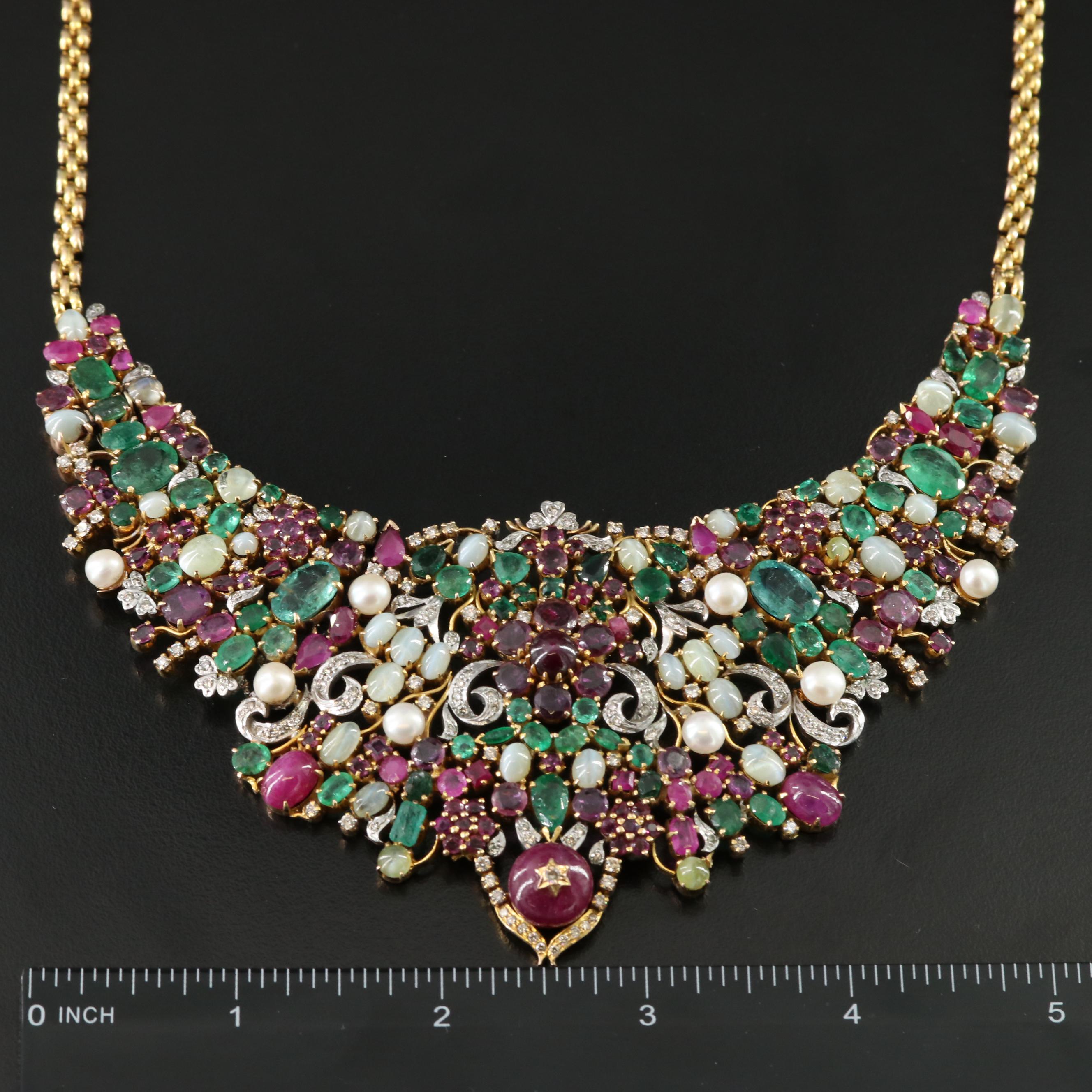14K and Sterling Emerald, Ruby, Cat's Eye Chrysoberyl and Diamond Necklace