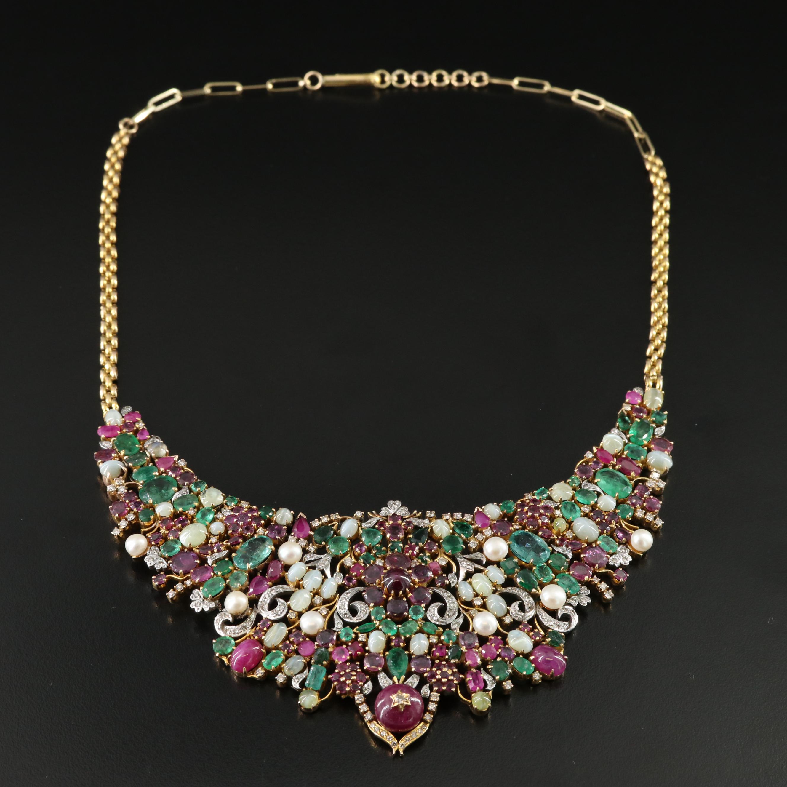 14K and Sterling Emerald, Ruby, Cat's Eye Chrysoberyl and Diamond Necklace