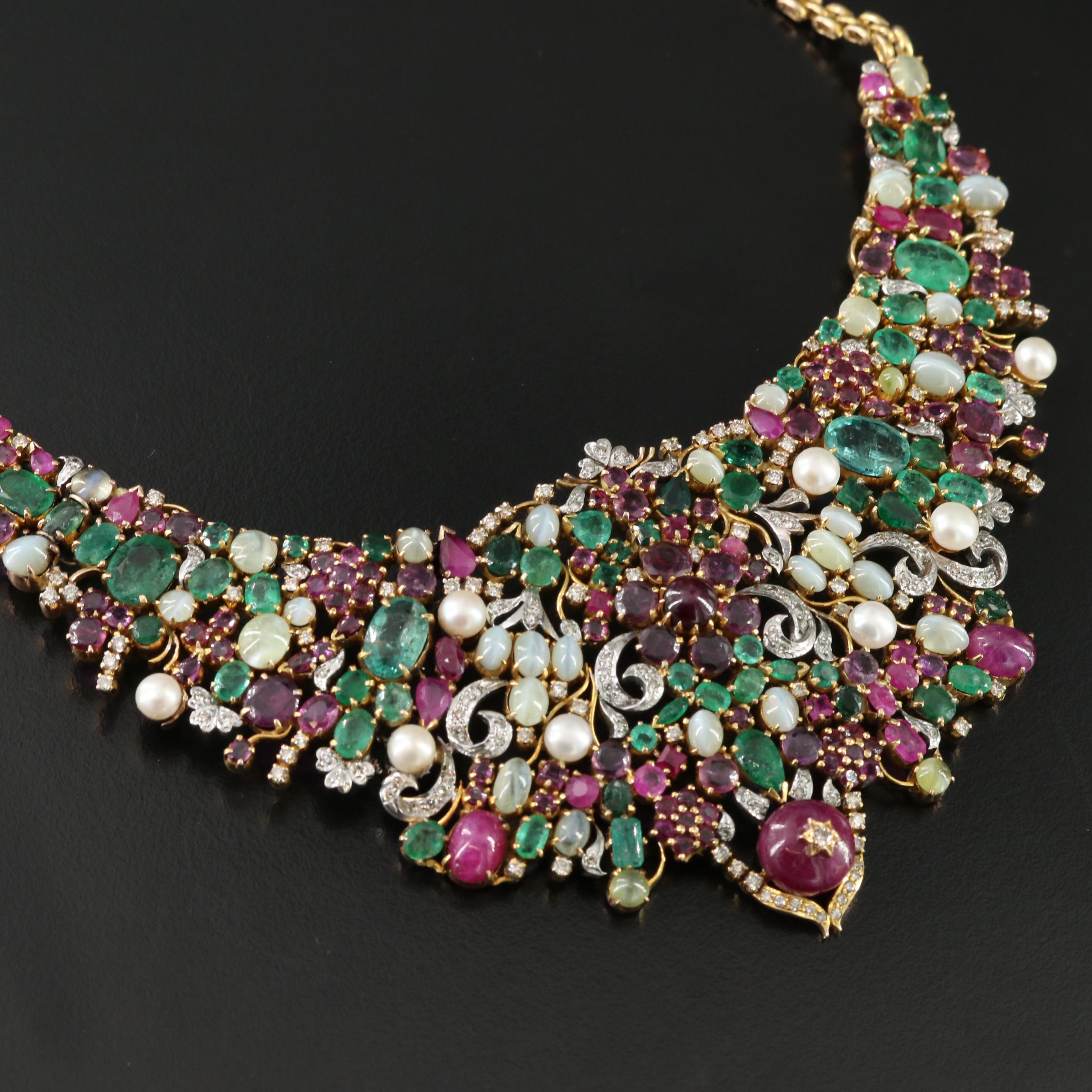 14K and Sterling Emerald, Ruby, Cat's Eye Chrysoberyl and Diamond Necklace