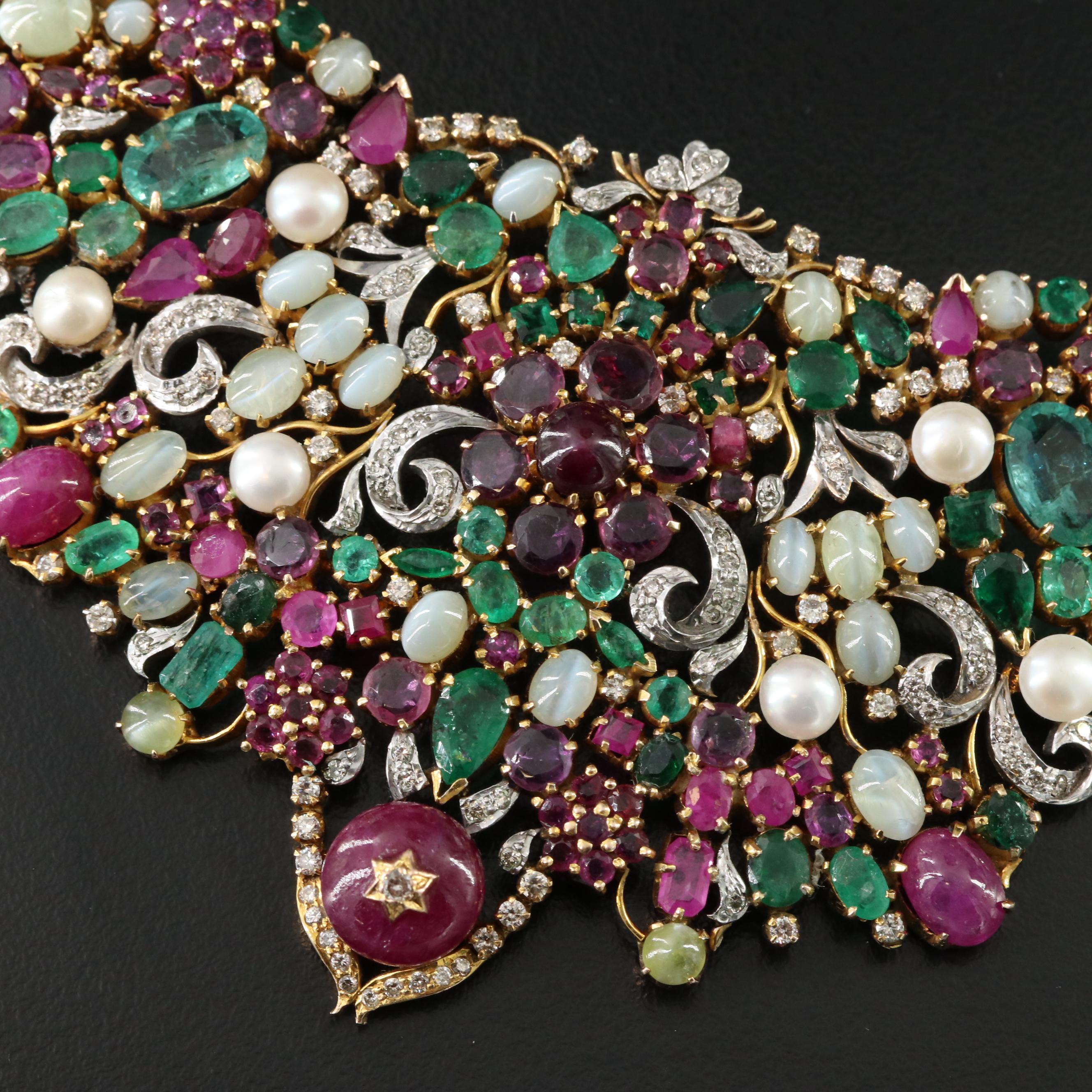 14K and Sterling Emerald, Ruby, Cat's Eye Chrysoberyl and Diamond Necklace