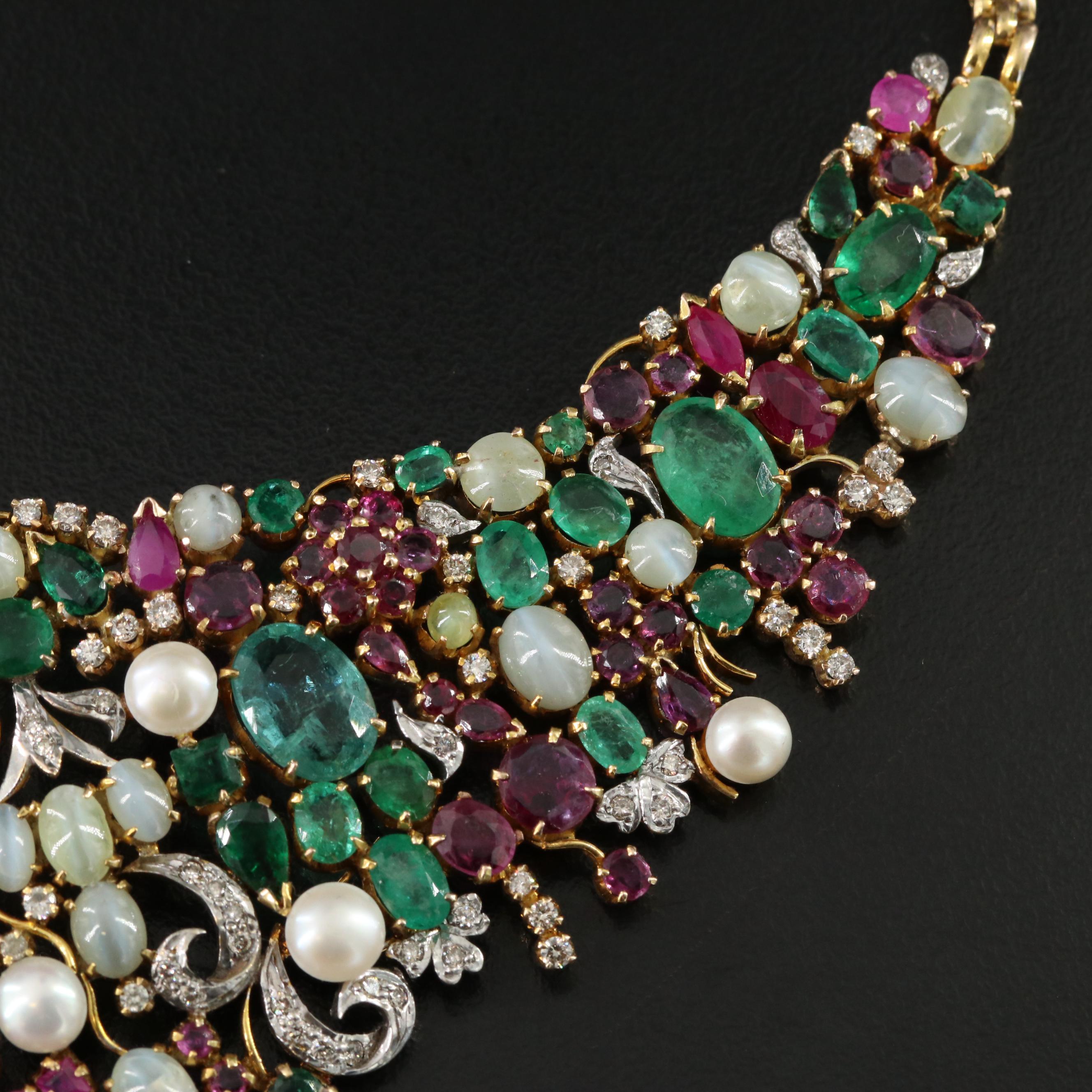 14K and Sterling Emerald, Ruby, Cat's Eye Chrysoberyl and Diamond Necklace