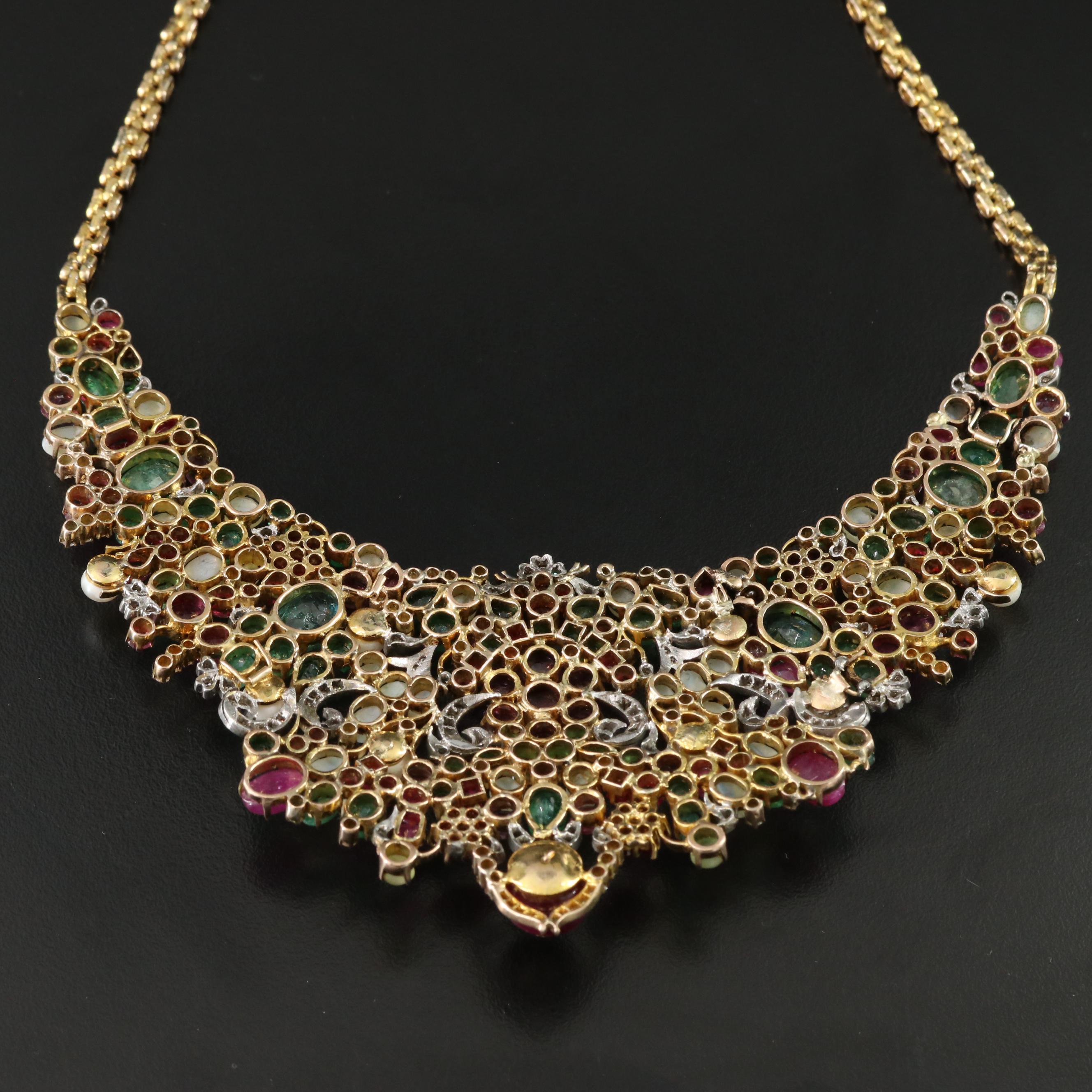 14K and Sterling Emerald, Ruby, Cat's Eye Chrysoberyl and Diamond Necklace