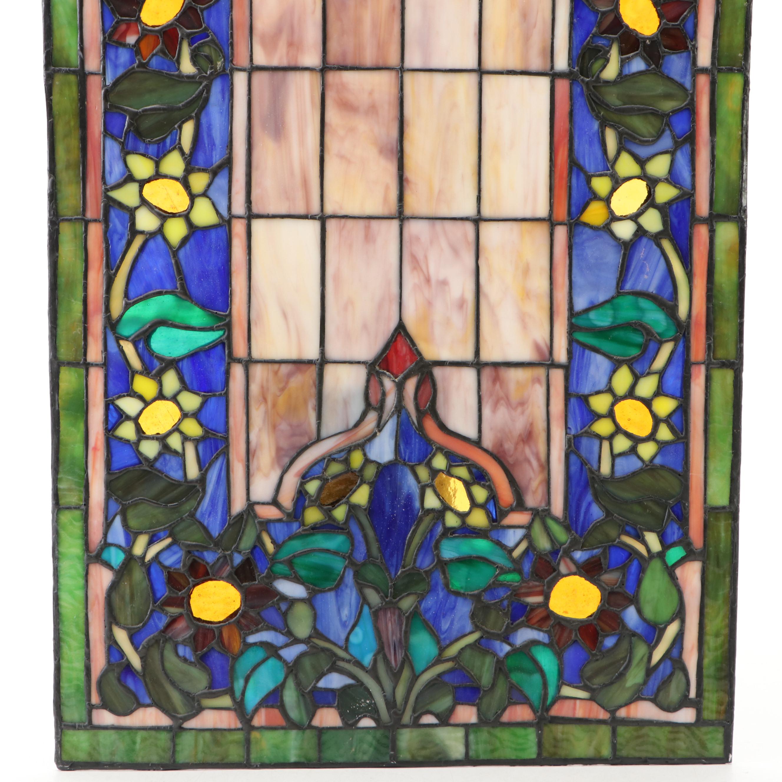 Stained Glass Arched Hanging Window Panel with Floral Motif