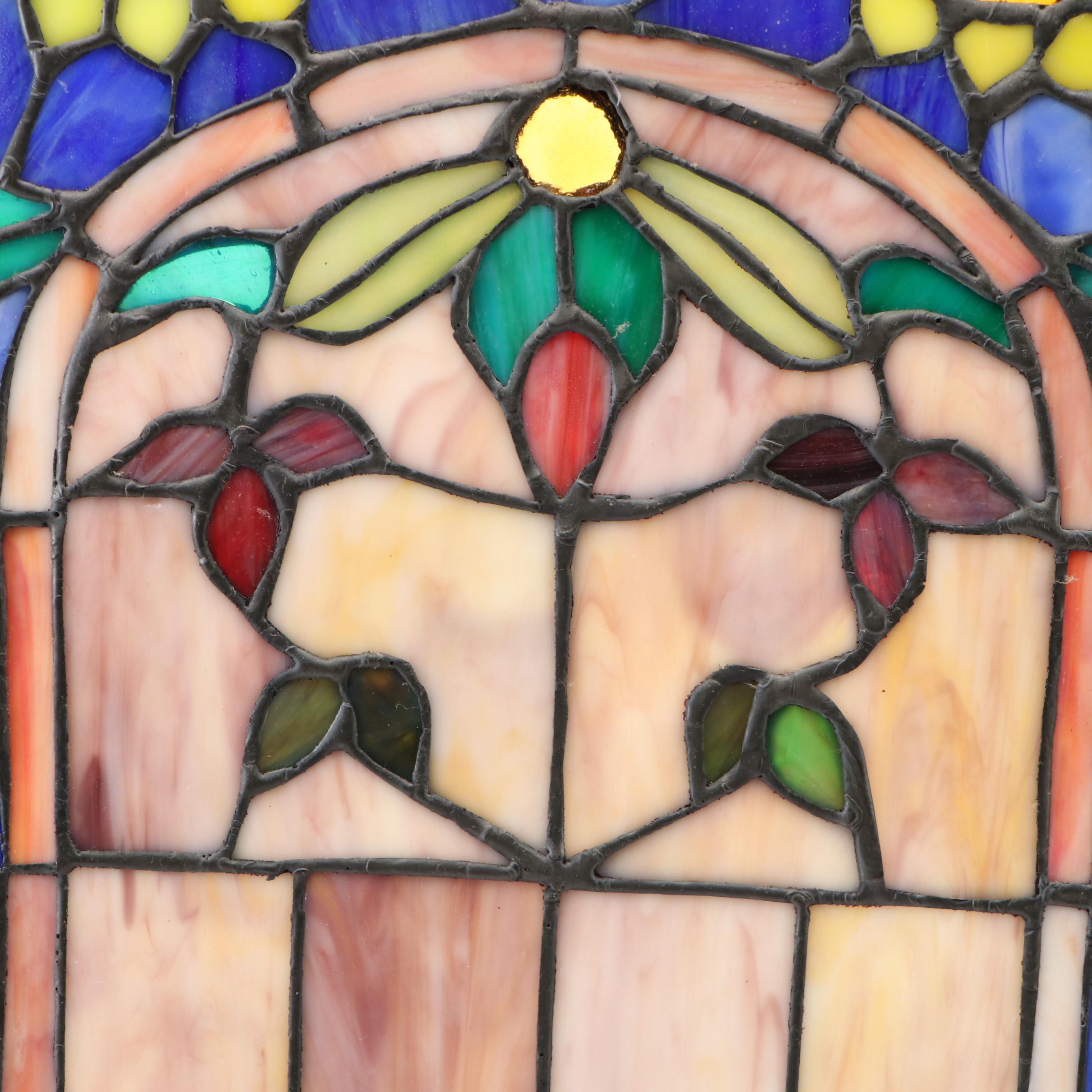 Stained Glass Arched Hanging Window Panel with Floral Motif