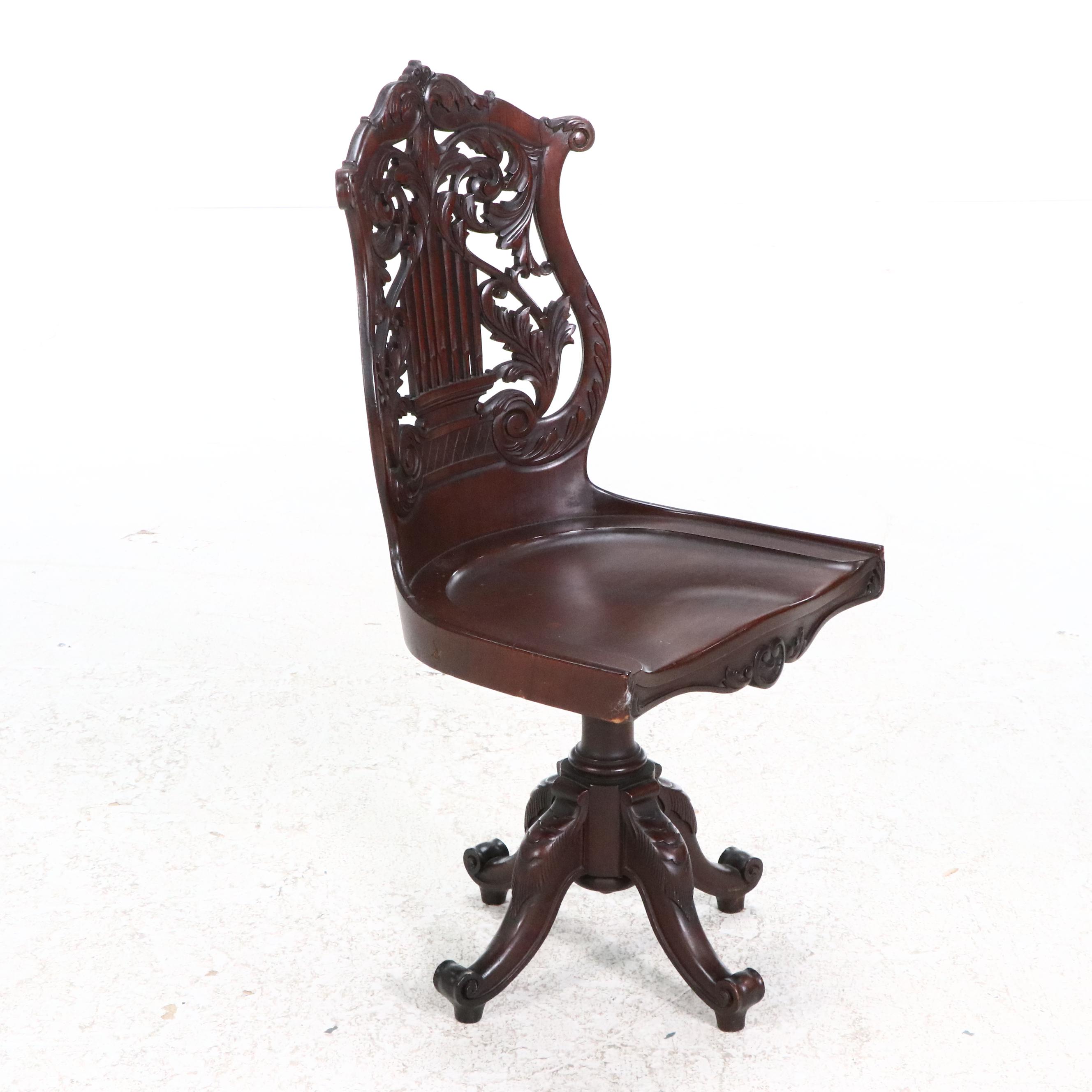 Paine Furniture Co. Carved Mahogany Lyre-Back Swivel-Lift Desk Chair, Circa 1900