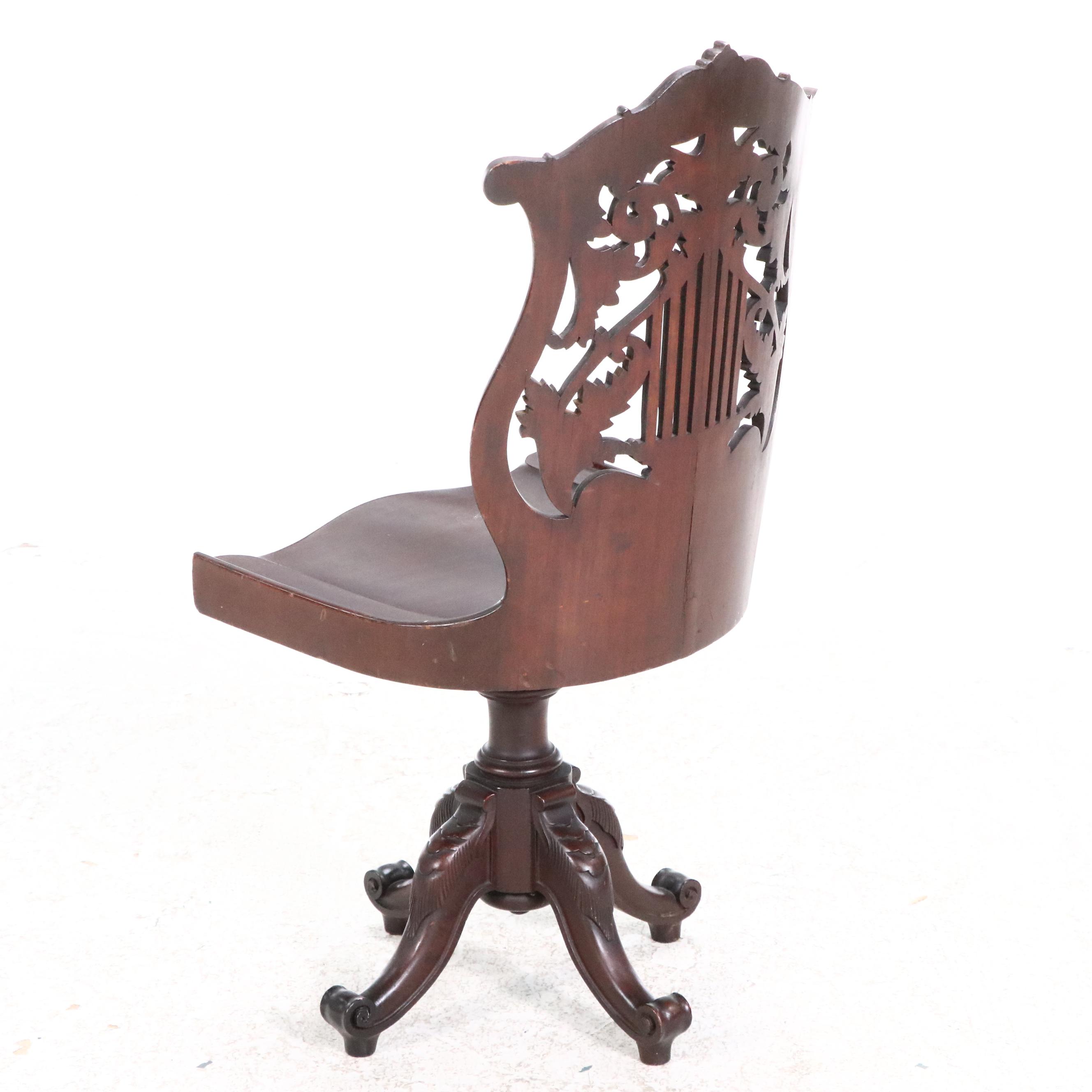 Paine Furniture Co. Carved Mahogany Lyre-Back Swivel-Lift Desk Chair, Circa 1900