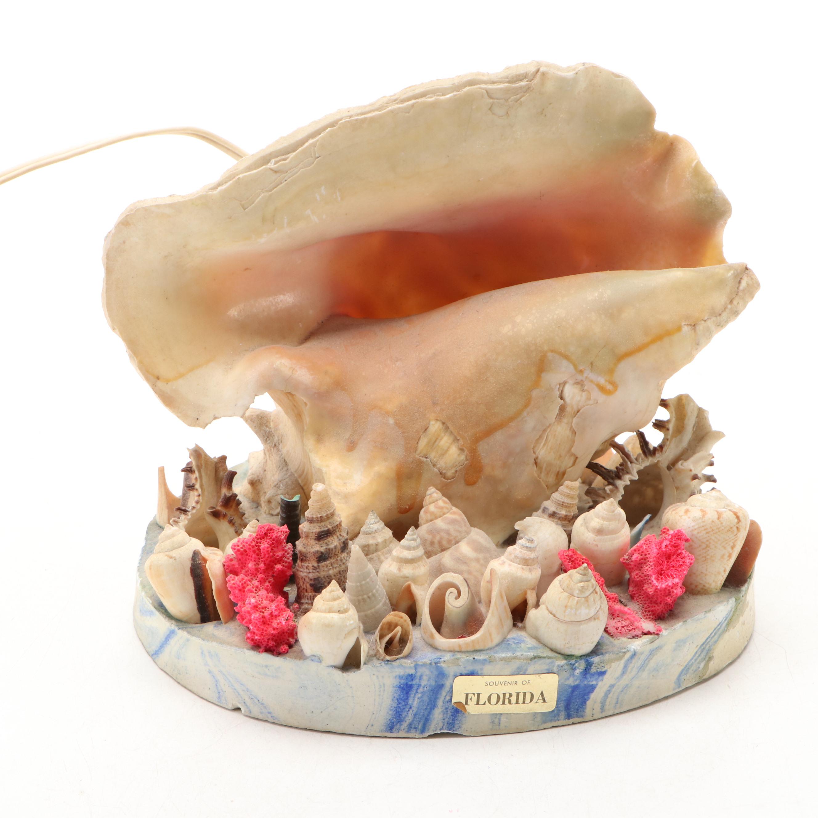 Florida Souvenir Shell Embellished Desk Lamp with Ashtray Box, Mid-20th Century