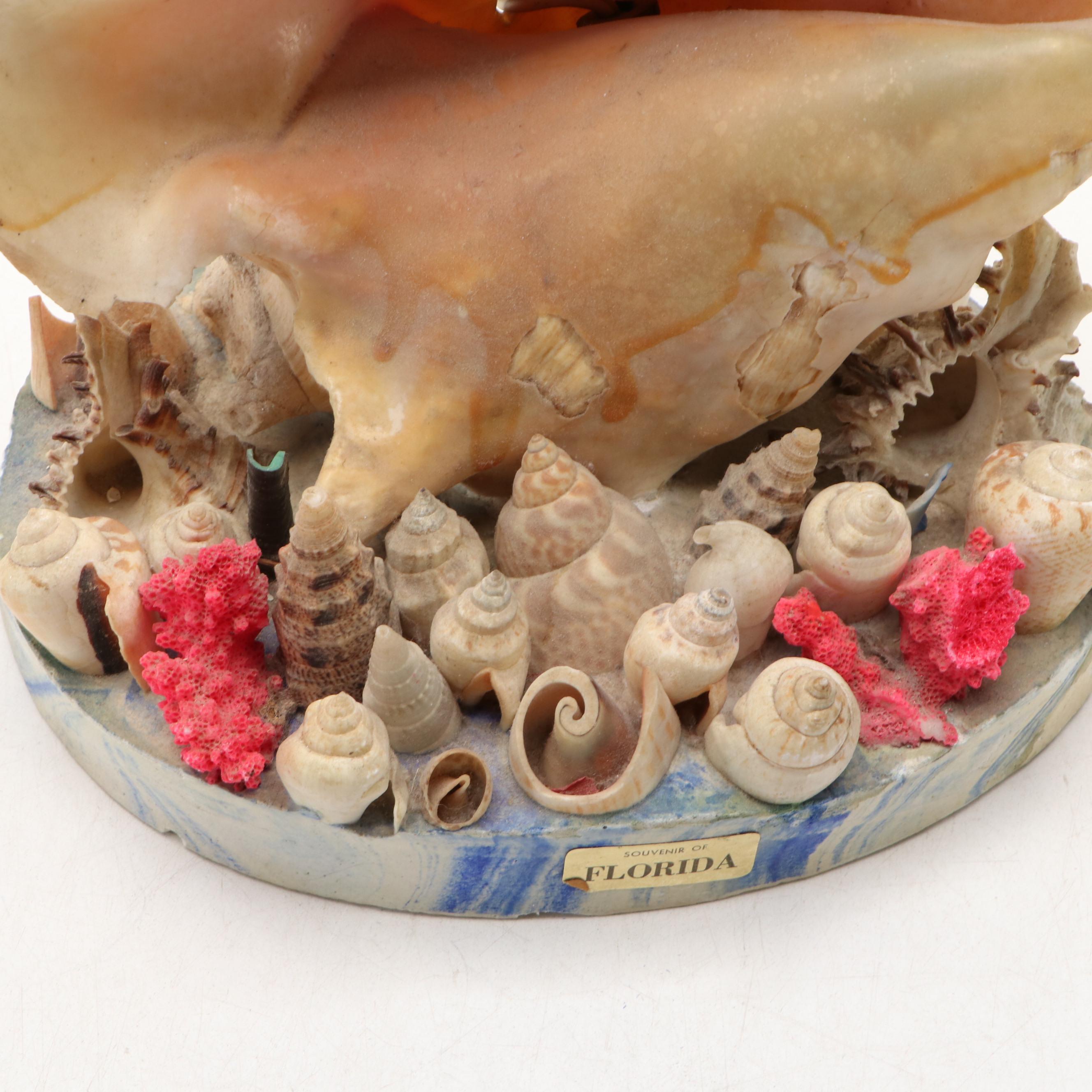 Florida Souvenir Shell Embellished Desk Lamp with Ashtray Box, Mid-20th Century