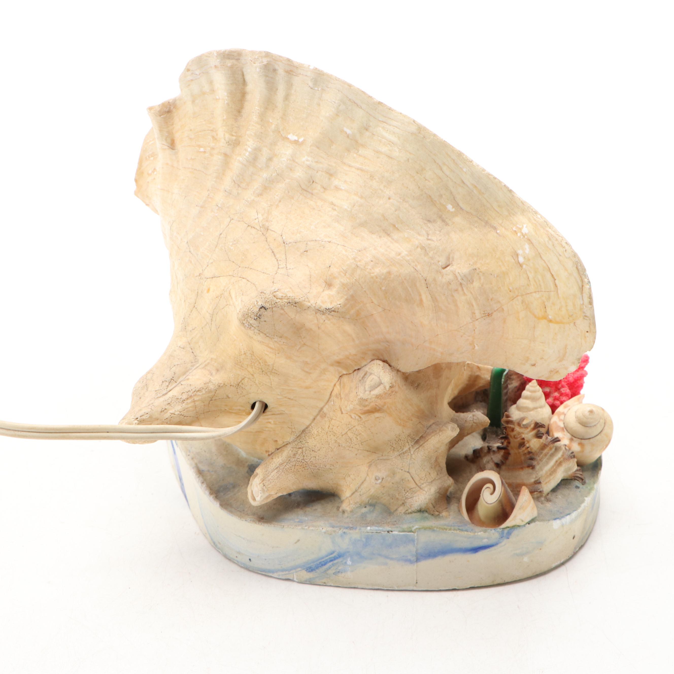Florida Souvenir Shell Embellished Desk Lamp with Ashtray Box, Mid-20th Century