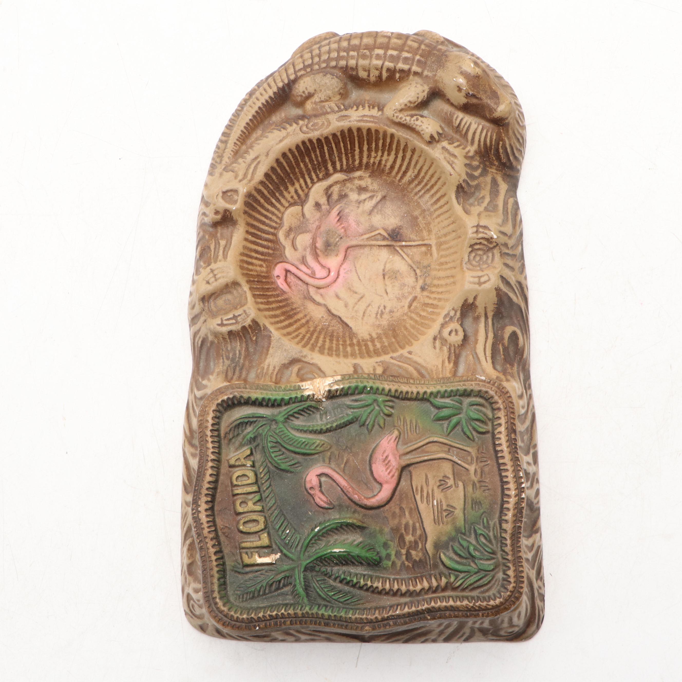 Florida Souvenir Shell Embellished Desk Lamp with Ashtray Box, Mid-20th Century