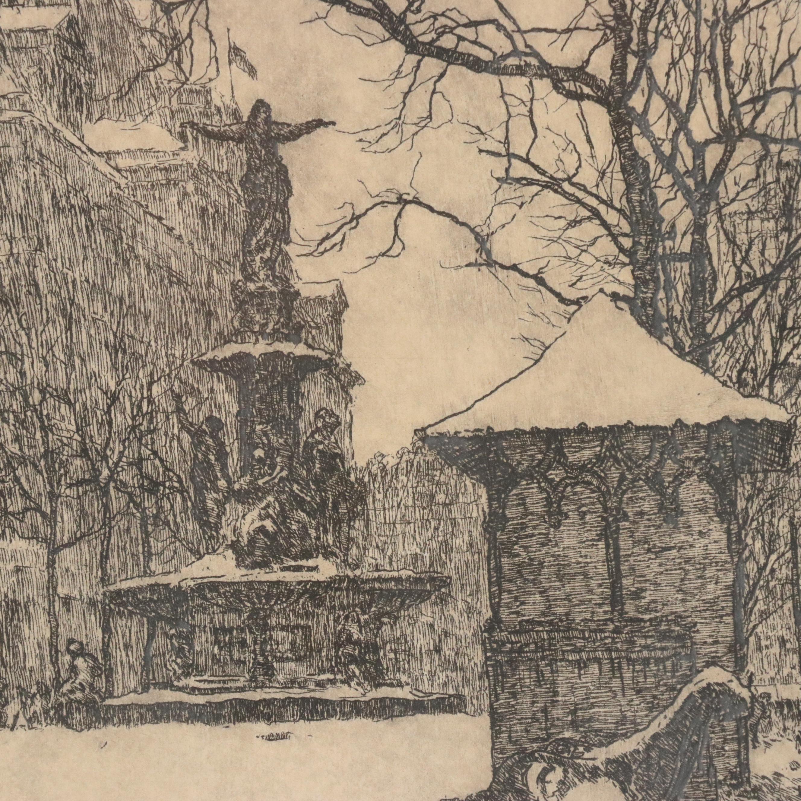 Edward T. Hurley Etching "Fountain in the Snow," Early 20th Century