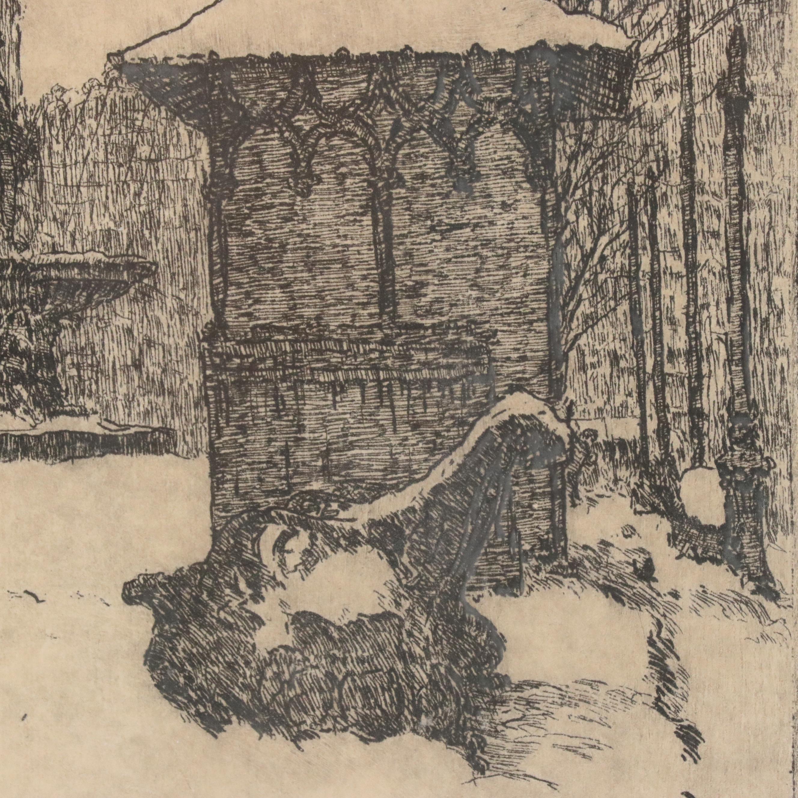 Edward T. Hurley Etching "Fountain in the Snow," Early 20th Century