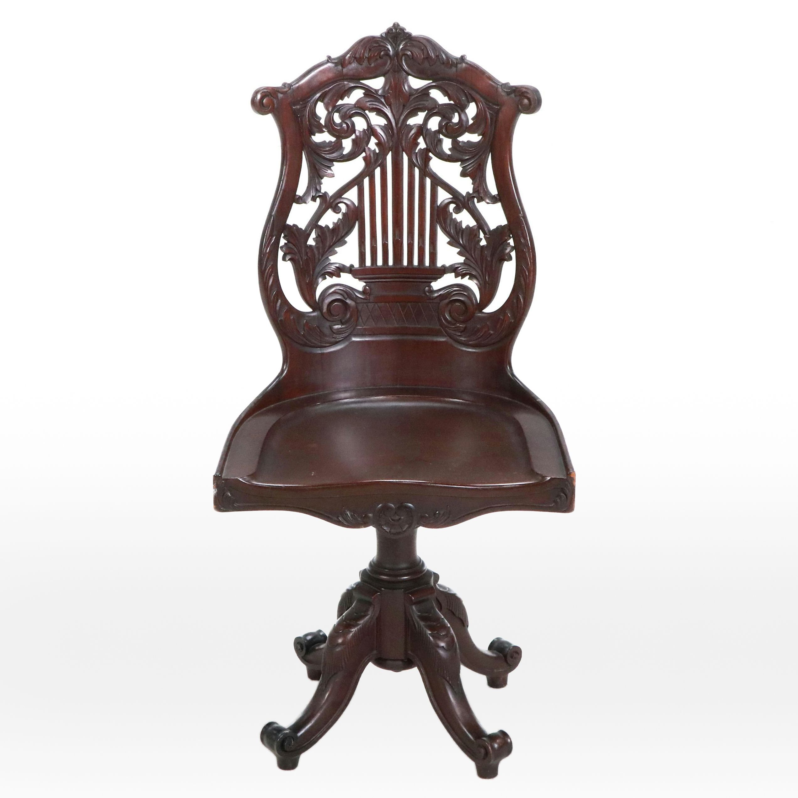 Paine Furniture Co. Carved Mahogany Lyre-Back Swivel-Lift Desk Chair, Circa 1900