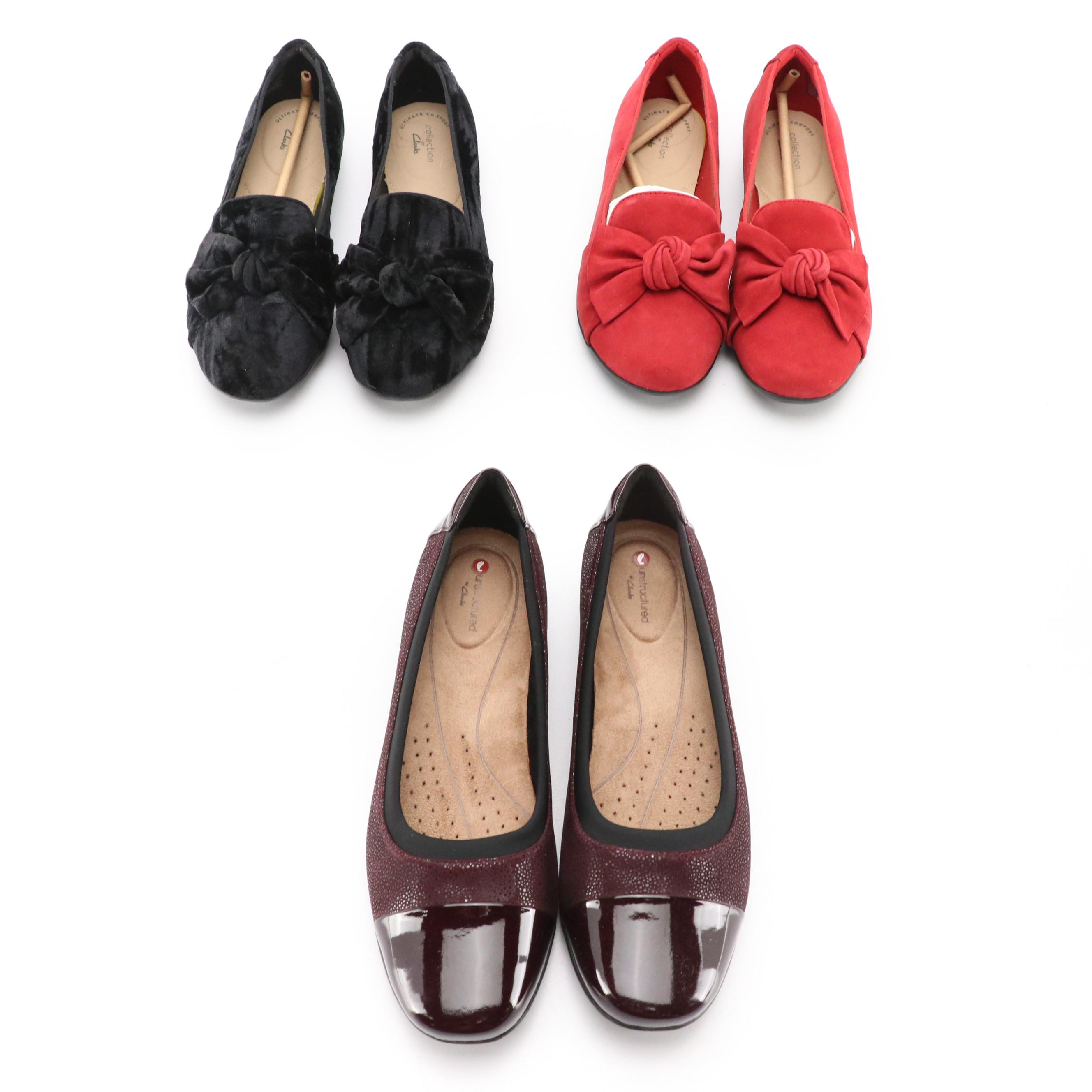 Clarks Darcey Cap and Gracelin Jonas Flats in Red Suede and Black Velvet w/ Box