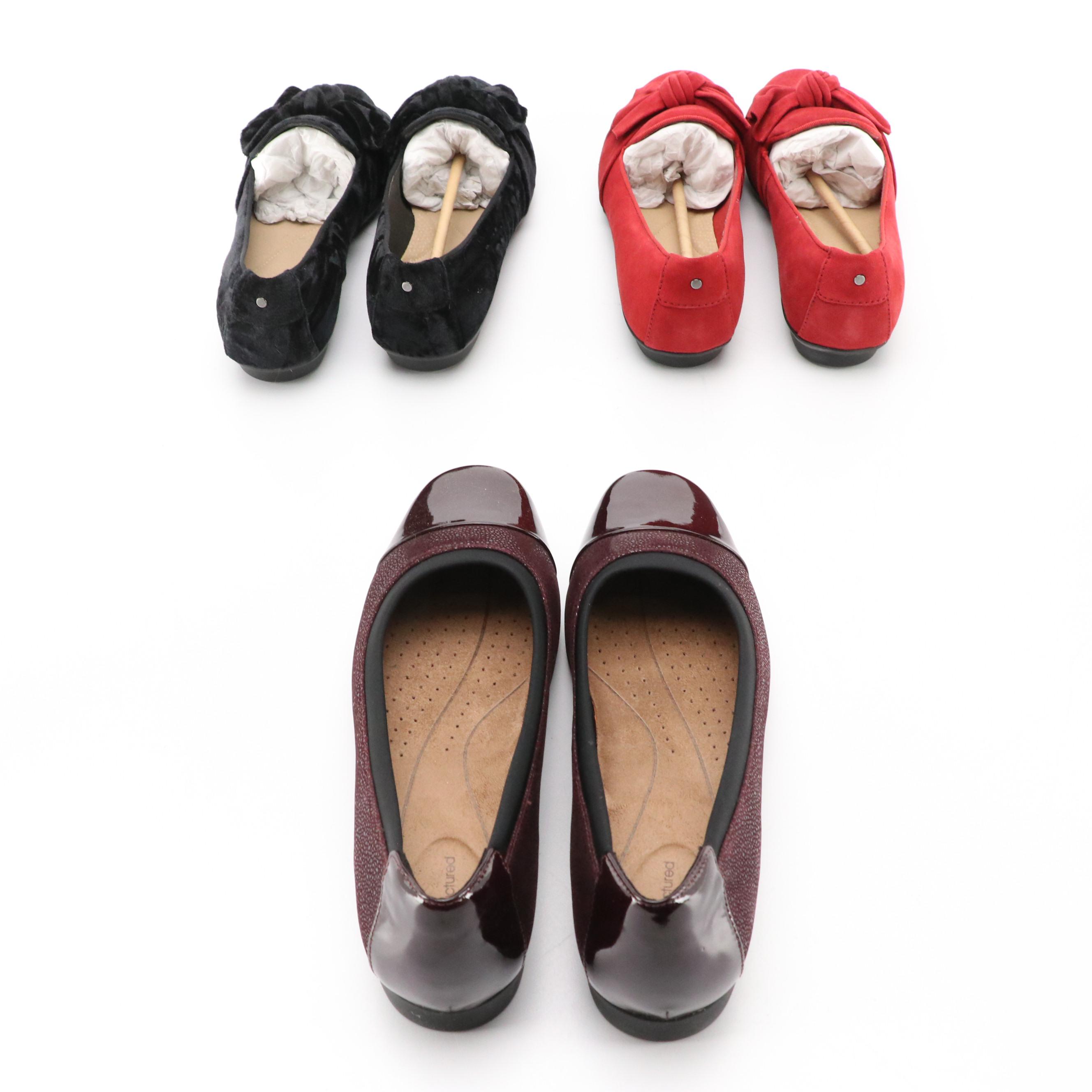 Clarks Darcey Cap and Gracelin Jonas Flats in Red Suede and Black Velvet w/ Box