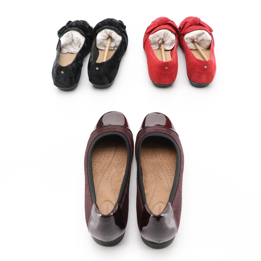 Clarks Darcey Cap and Gracelin Jonas Flats in Red Suede and Black Velvet w/ Box | EBTH