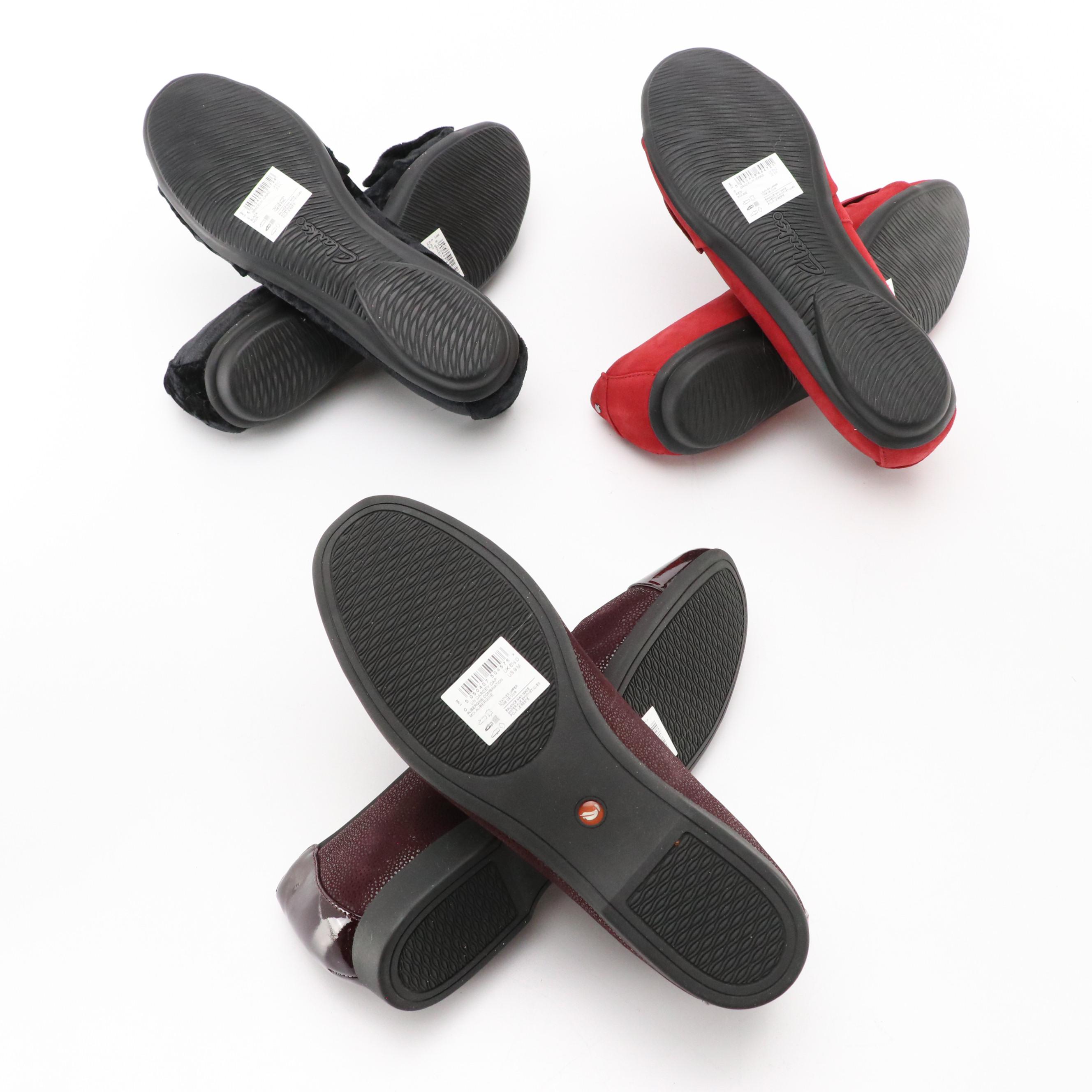 Clarks Darcey Cap and Gracelin Jonas Flats in Red Suede and Black Velvet w/ Box