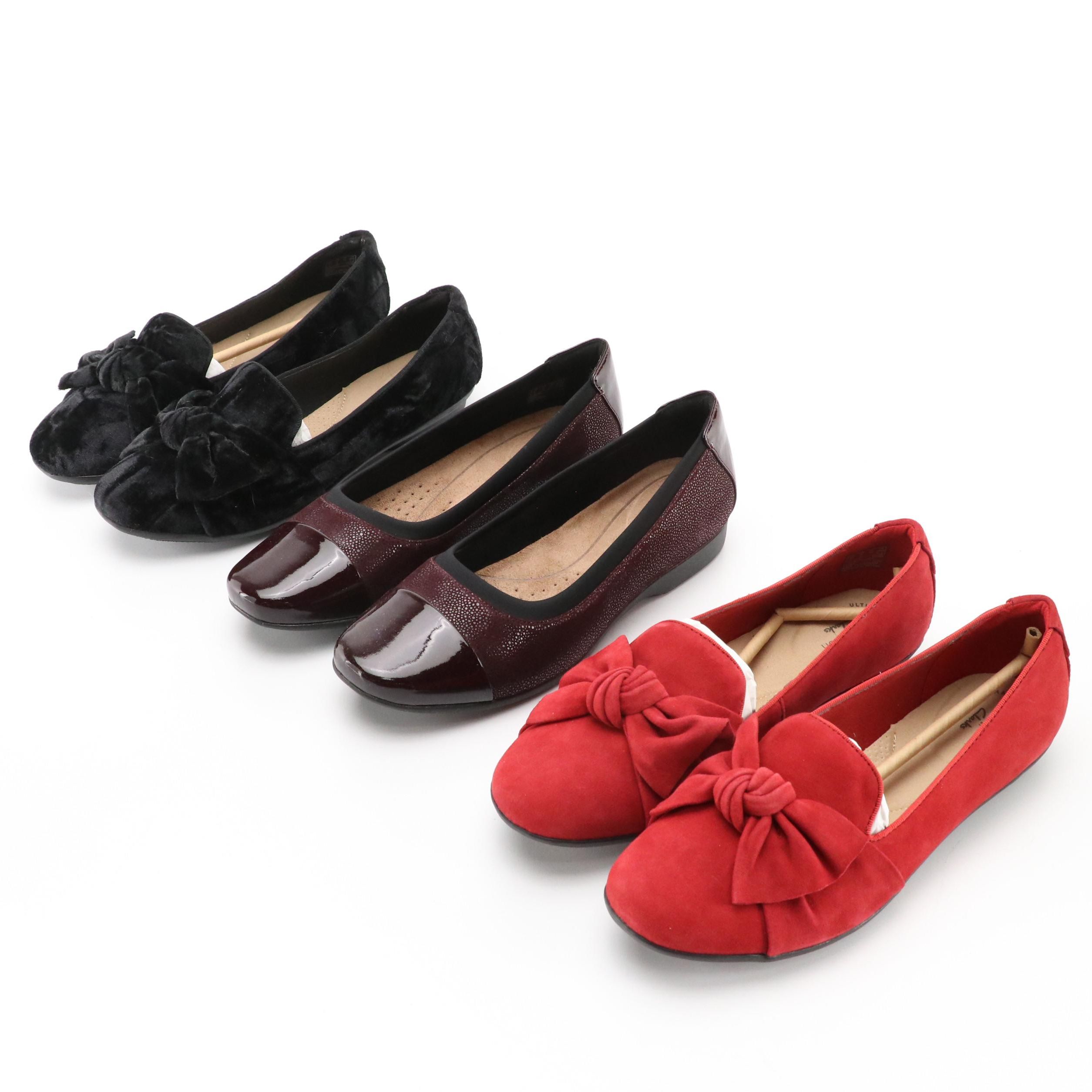 Clarks Darcey Cap and Gracelin Jonas Flats in Red Suede and Black Velvet w/ Box