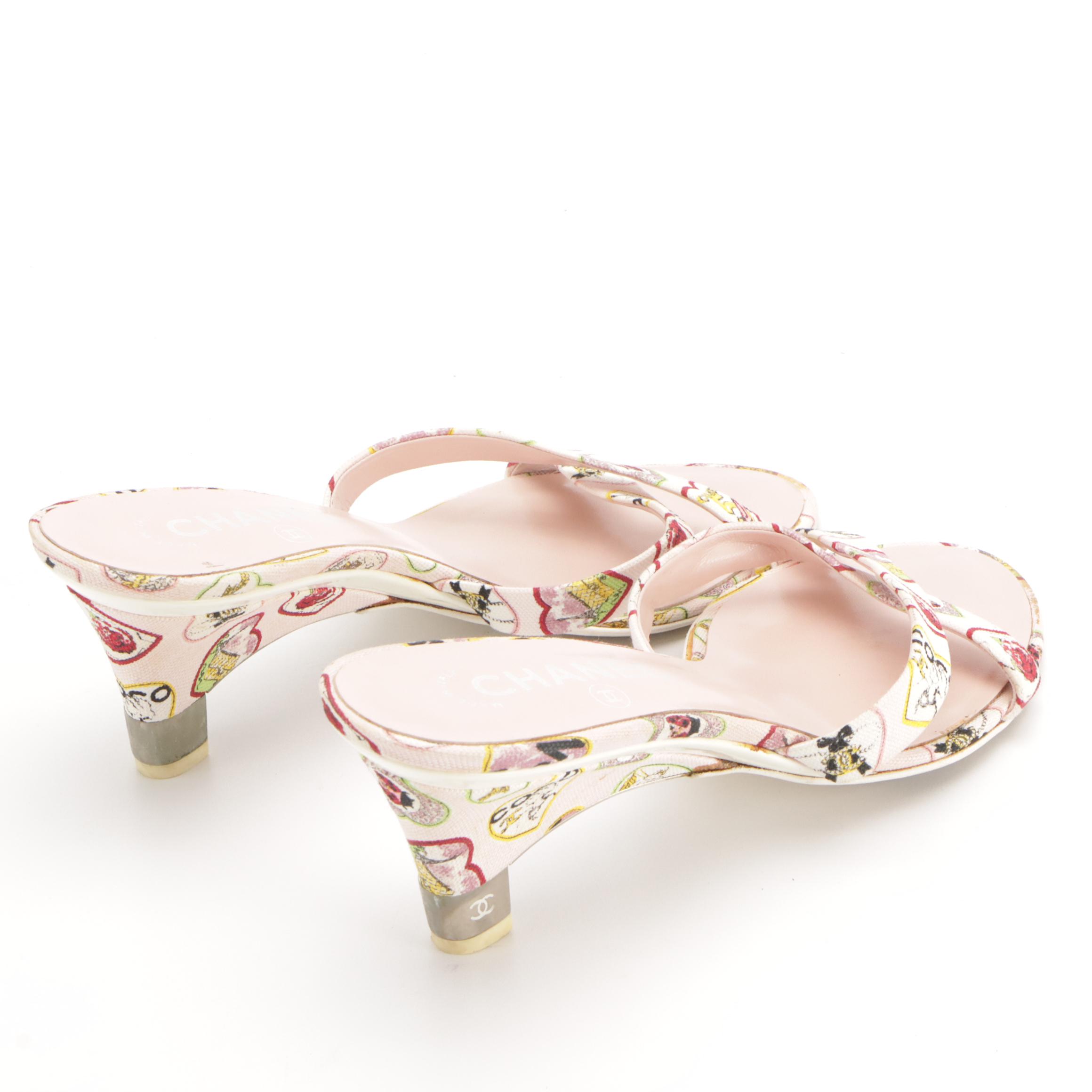 Chanel Valentine Heart Criss-Cross Canvas Kitten Mules, 2000s