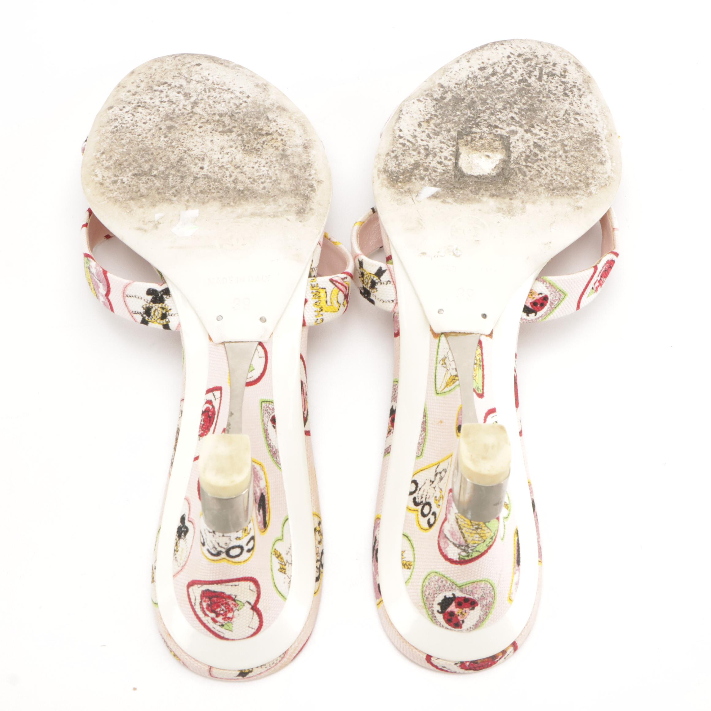 Chanel Valentine Heart Criss-Cross Canvas Kitten Mules, 2000s