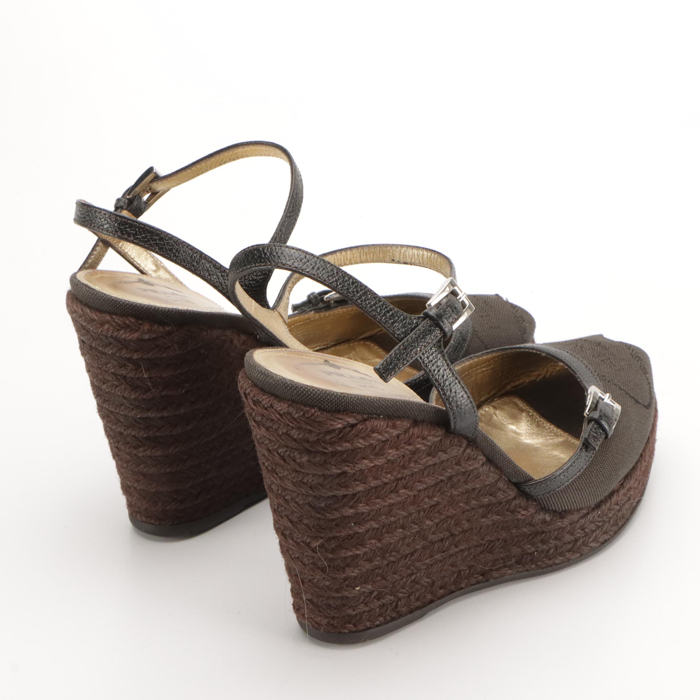 Prada Logo Jacquard Leather and Espadrille Peep-Toe Wedge Sandals with Box