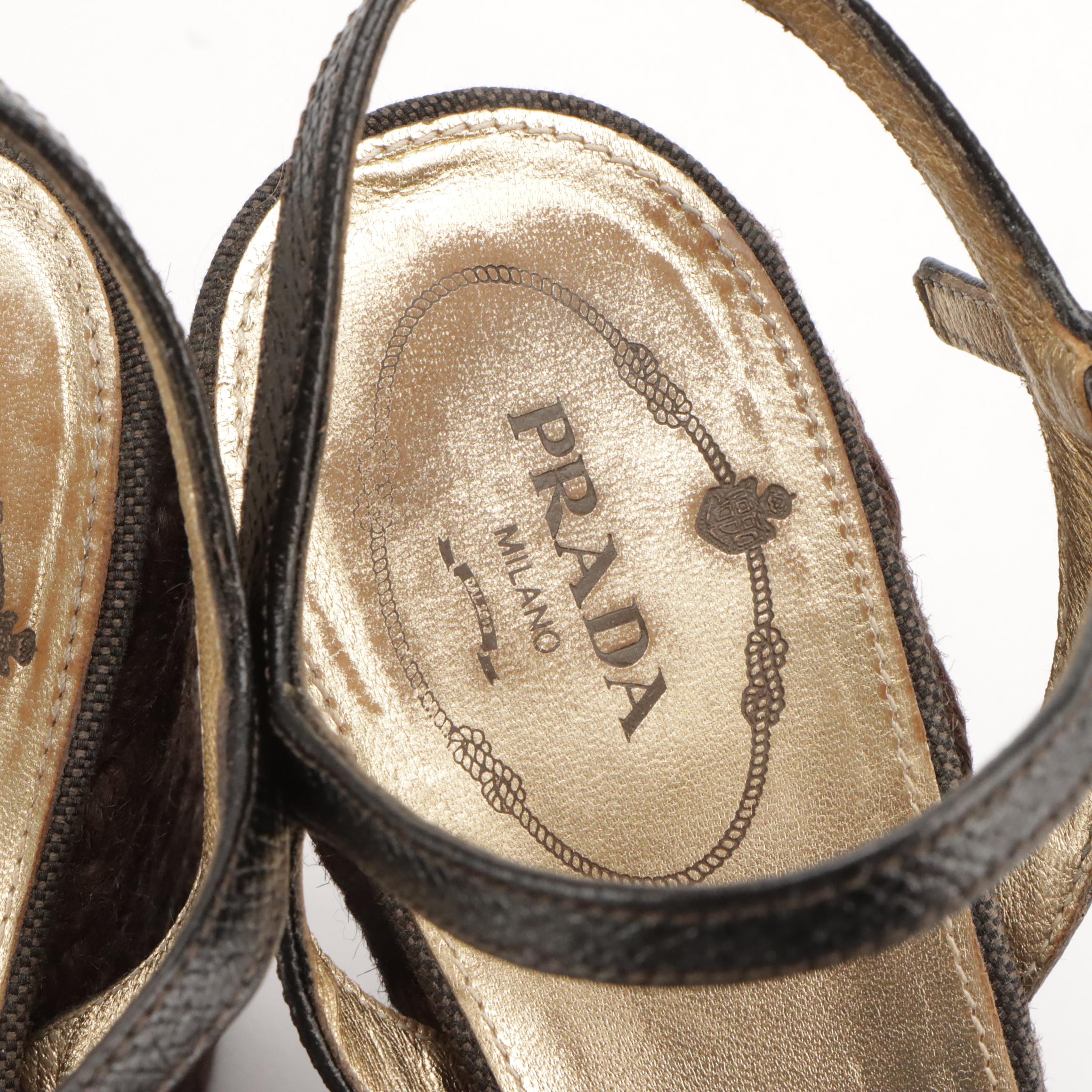 Prada Logo Jacquard Leather and Espadrille Peep-Toe Wedge Sandals with Box