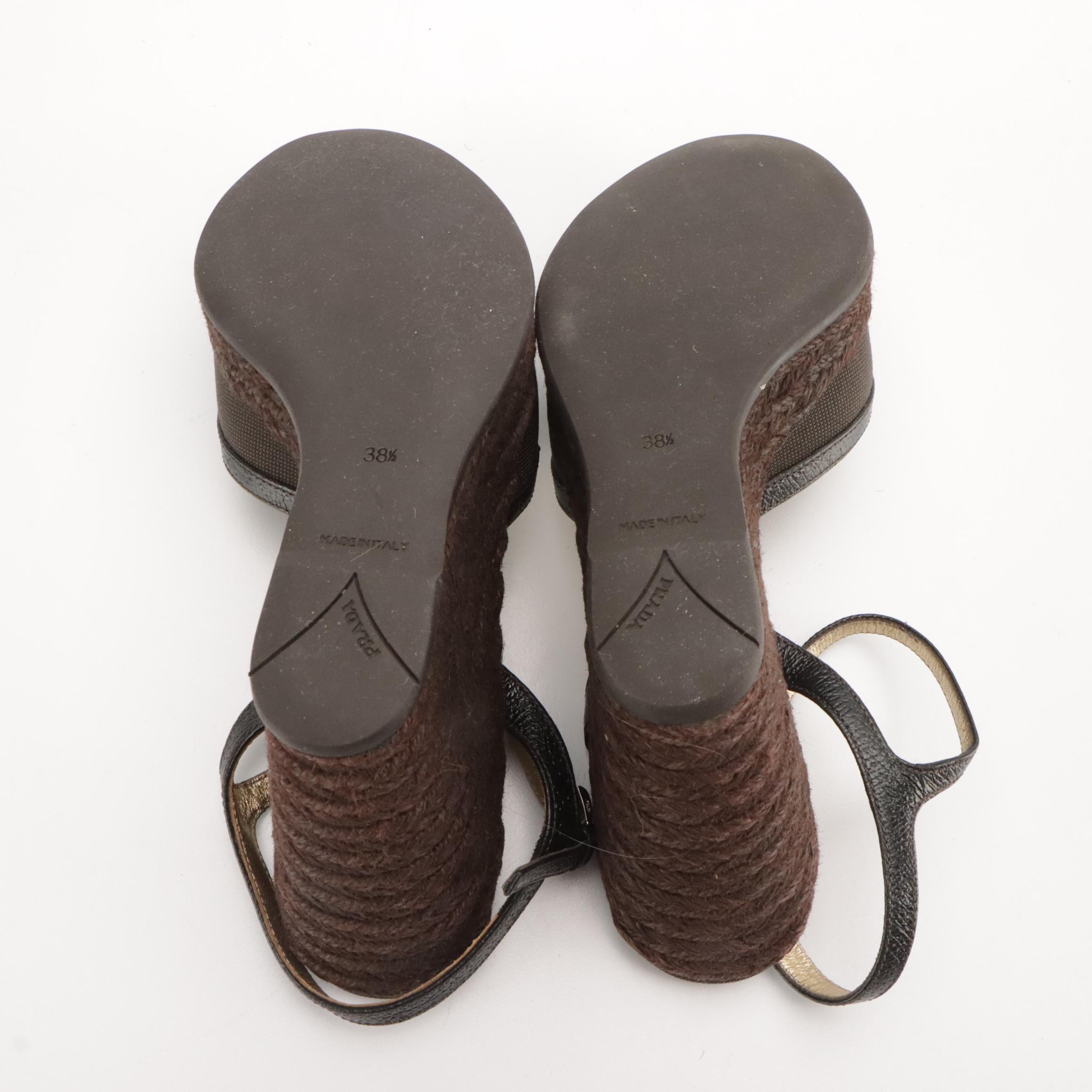 Prada Logo Jacquard Leather and Espadrille Peep-Toe Wedge Sandals with Box