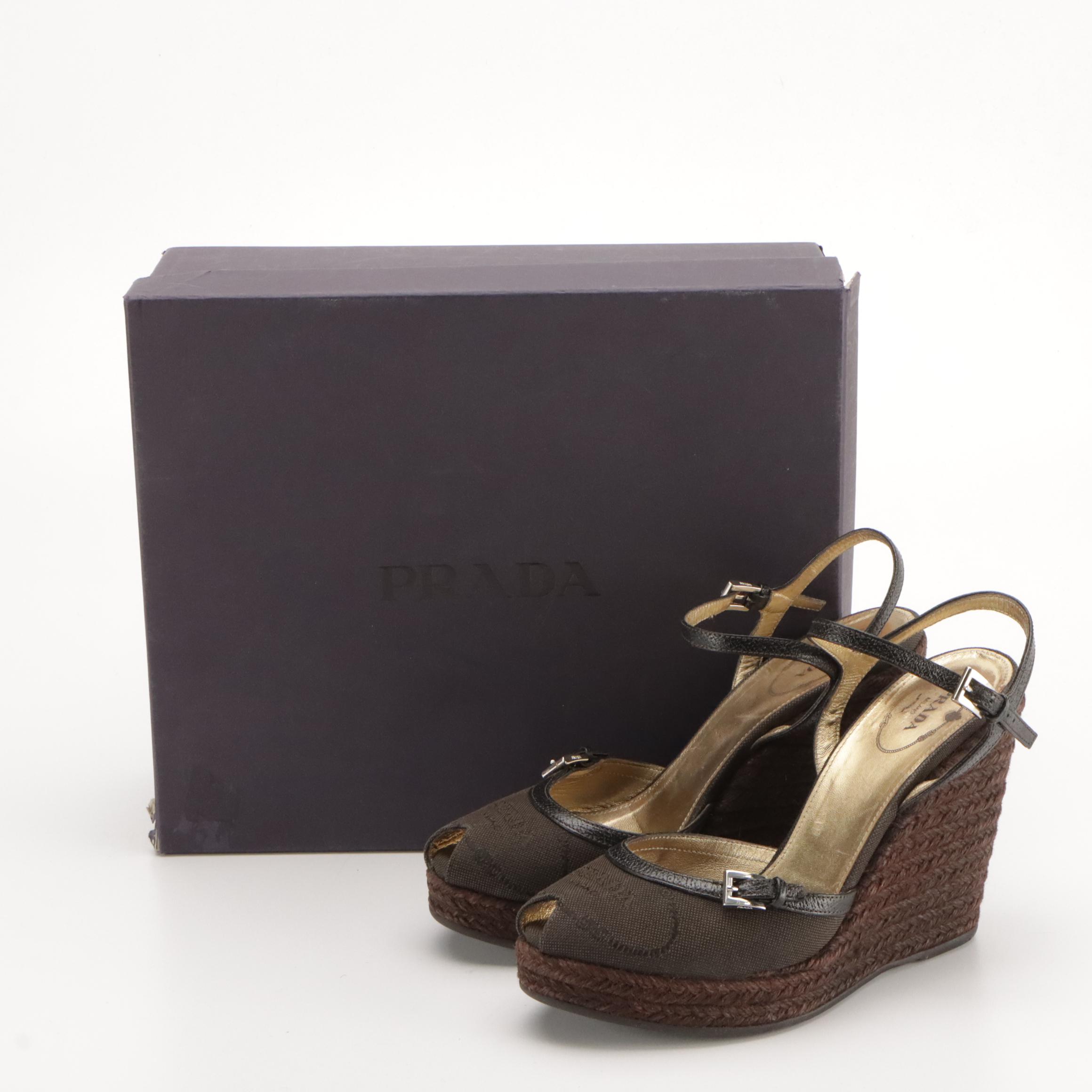 Prada Logo Jacquard Leather and Espadrille Peep-Toe Wedge Sandals with Box
