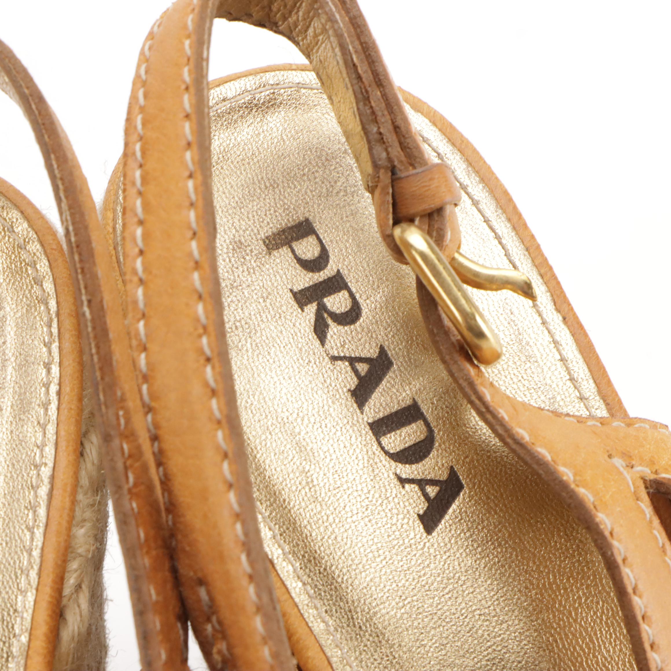 Prada Leather Espadrille Wedge Sandals with Box