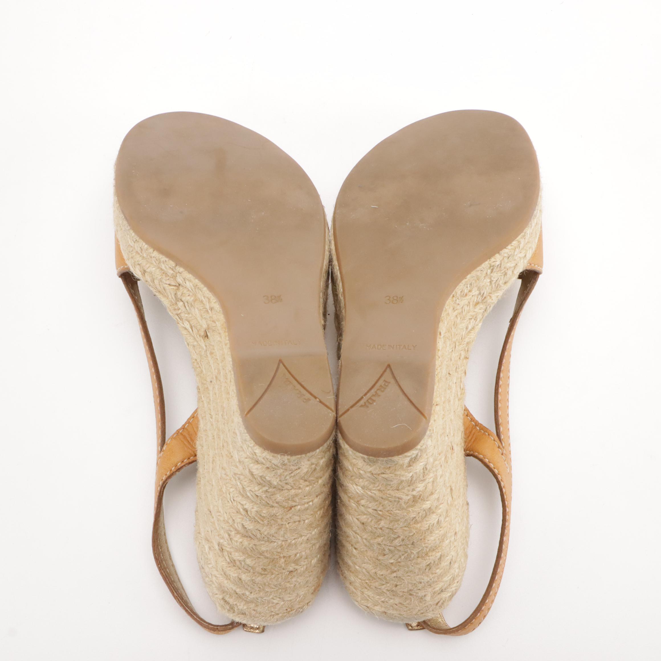 Prada Leather Espadrille Wedge Sandals with Box