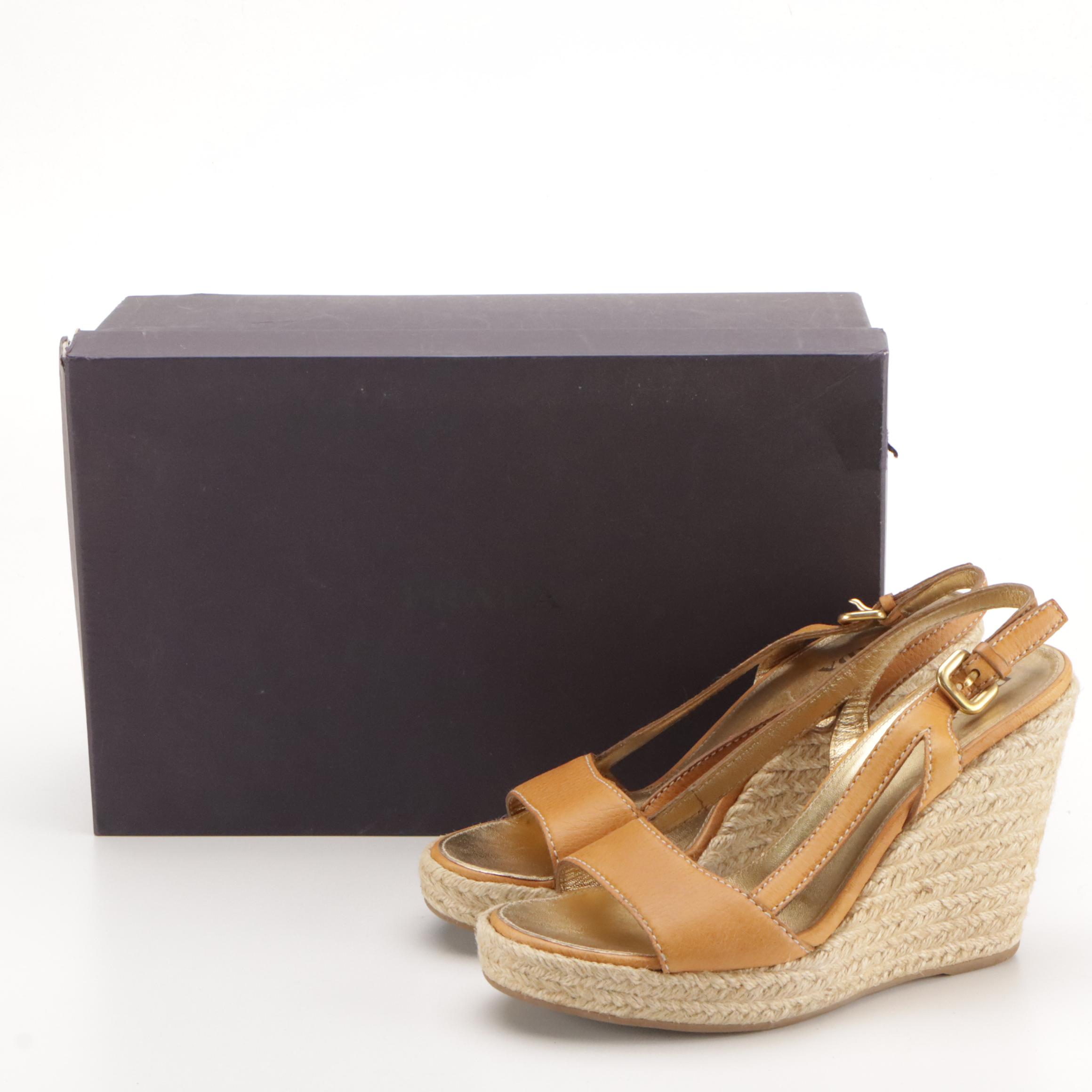 Prada Leather Espadrille Wedge Sandals with Box