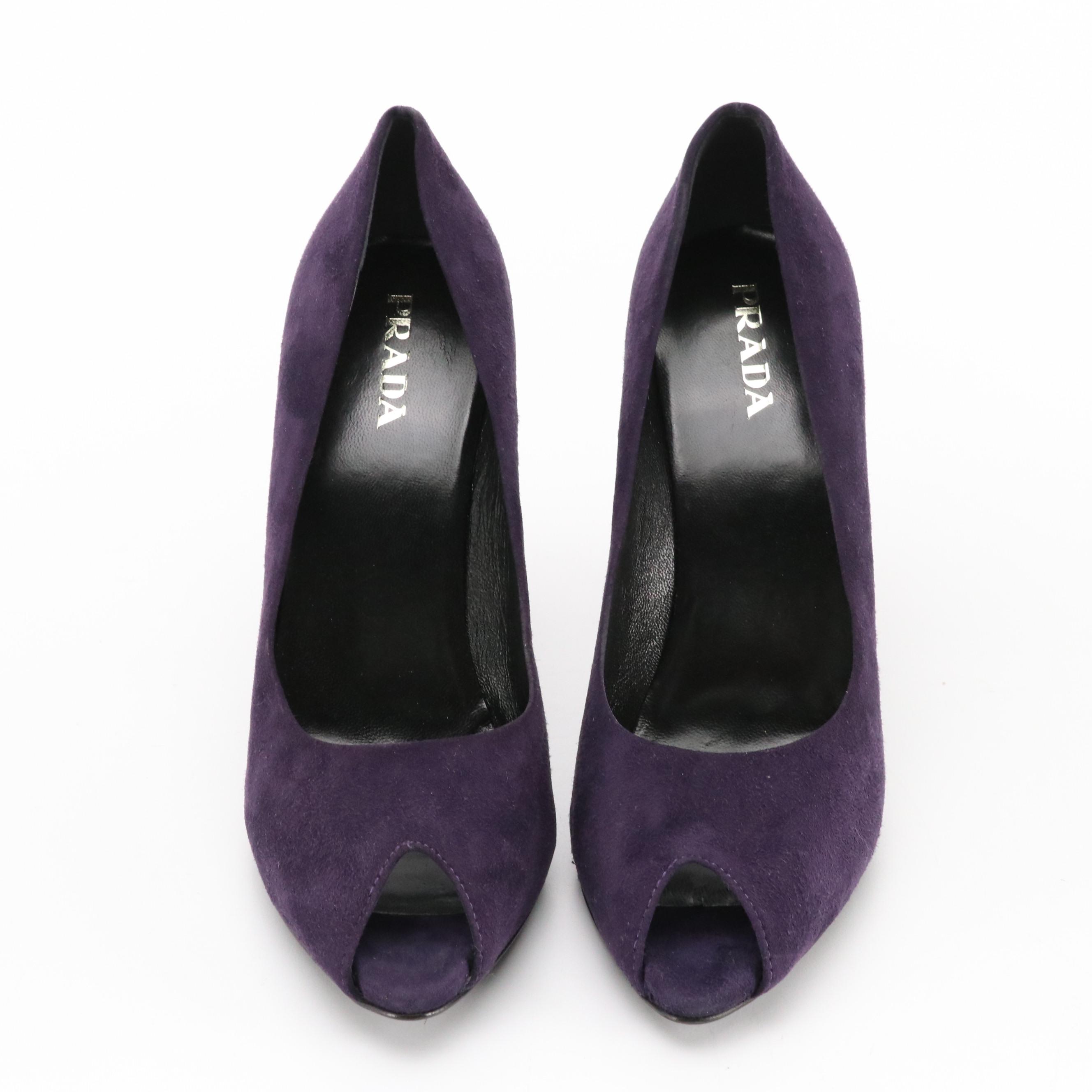 Prada Purple Suede High Heel Hidden Platform Peep-Toe Pumps with Box