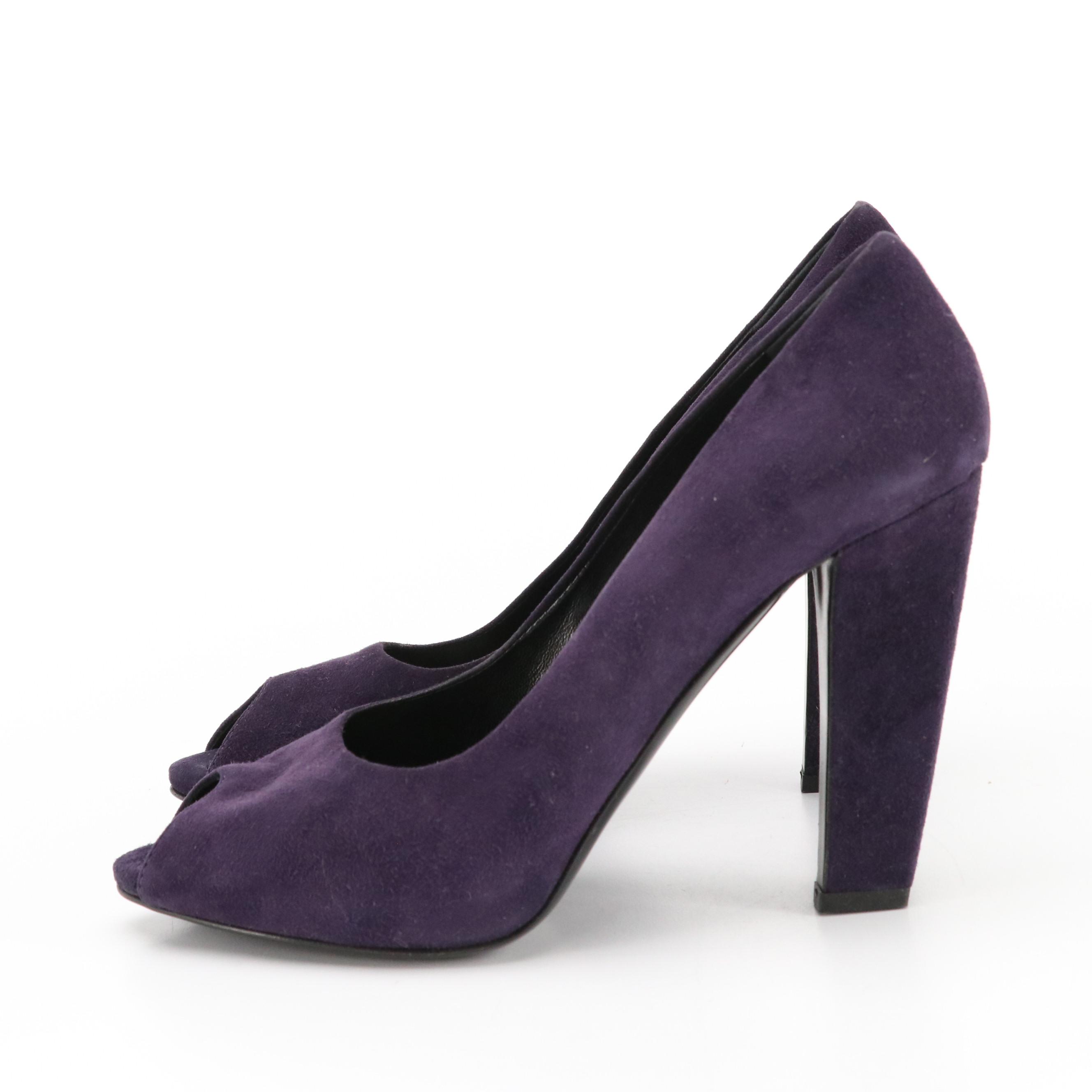 Prada Purple Suede High Heel Hidden Platform Peep-Toe Pumps with Box