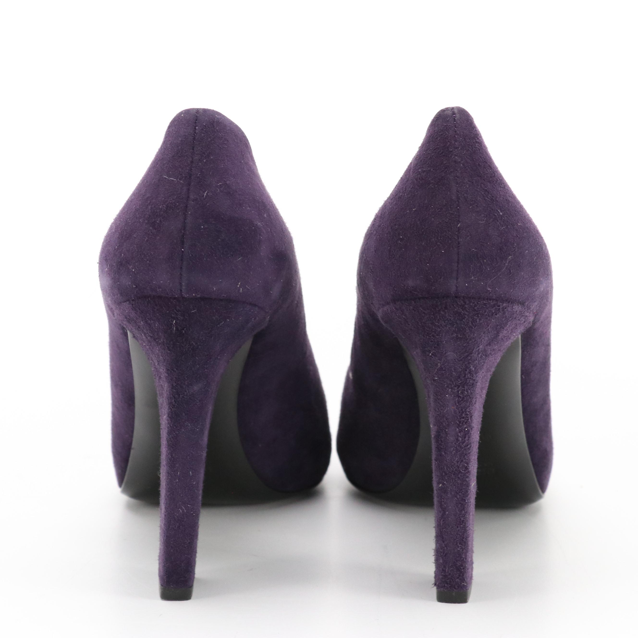 Prada Purple Suede High Heel Hidden Platform Peep-Toe Pumps with Box
