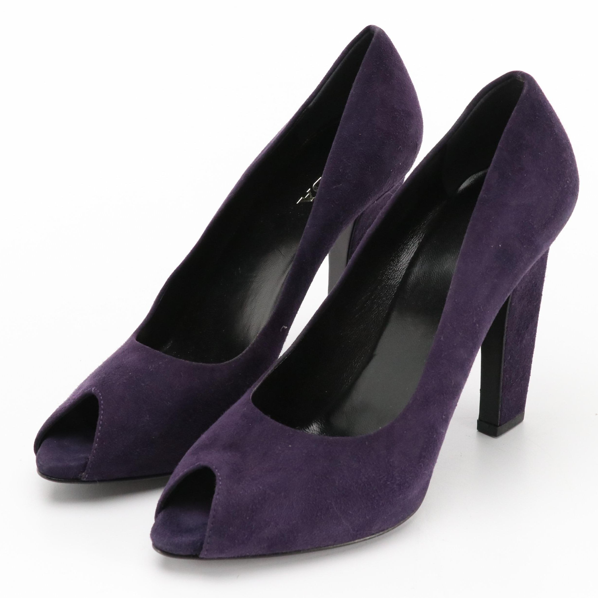 Prada Purple Suede High Heel Hidden Platform Peep-Toe Pumps with Box